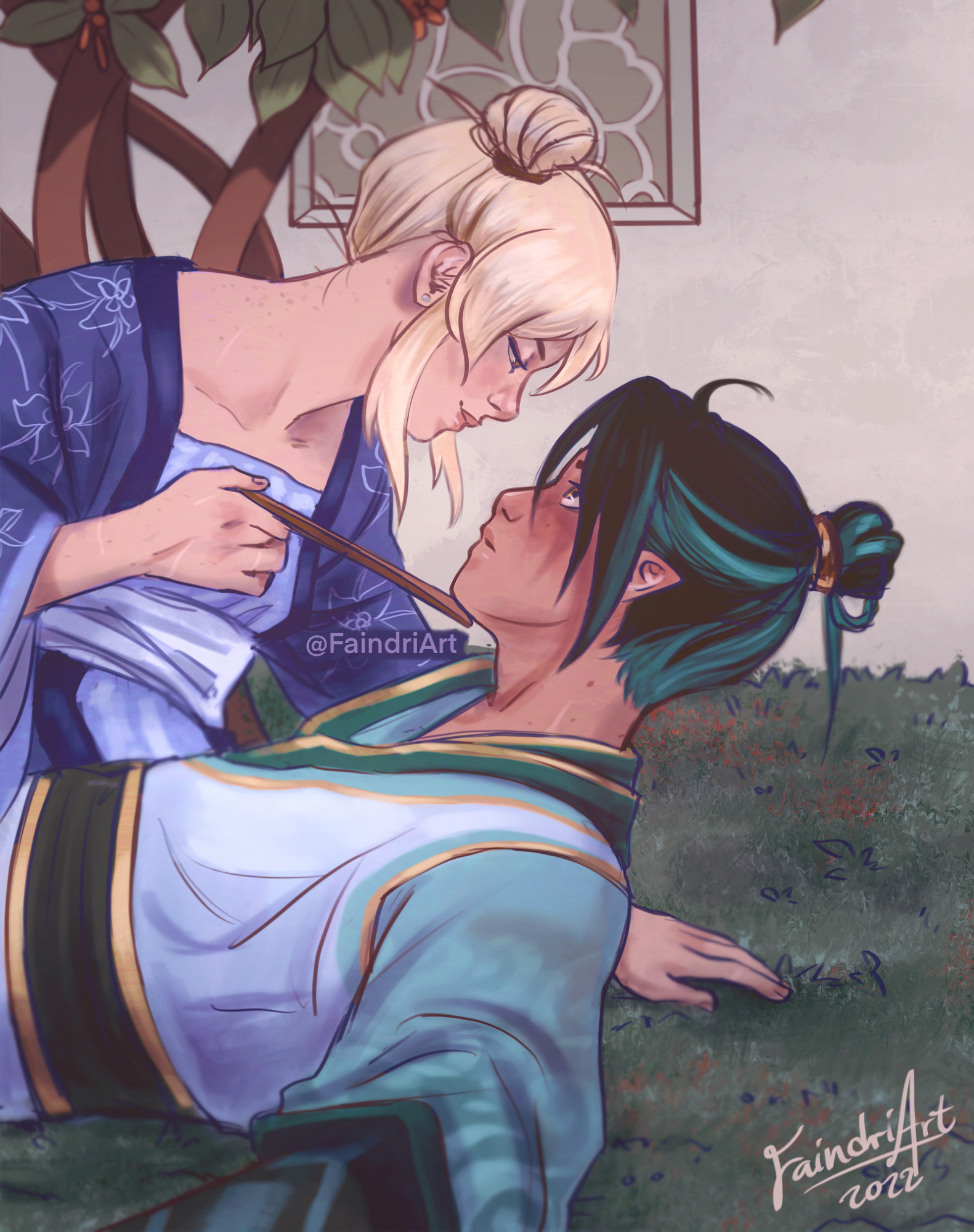 Digital illustration of Xiao and Lumine in traditional hanfu. Lumine has pinned Xiao to the ground and is holding a closed fan under his chin to tilt his head up to her. Her expression is confident while his is surprised. They are in a courtyard.