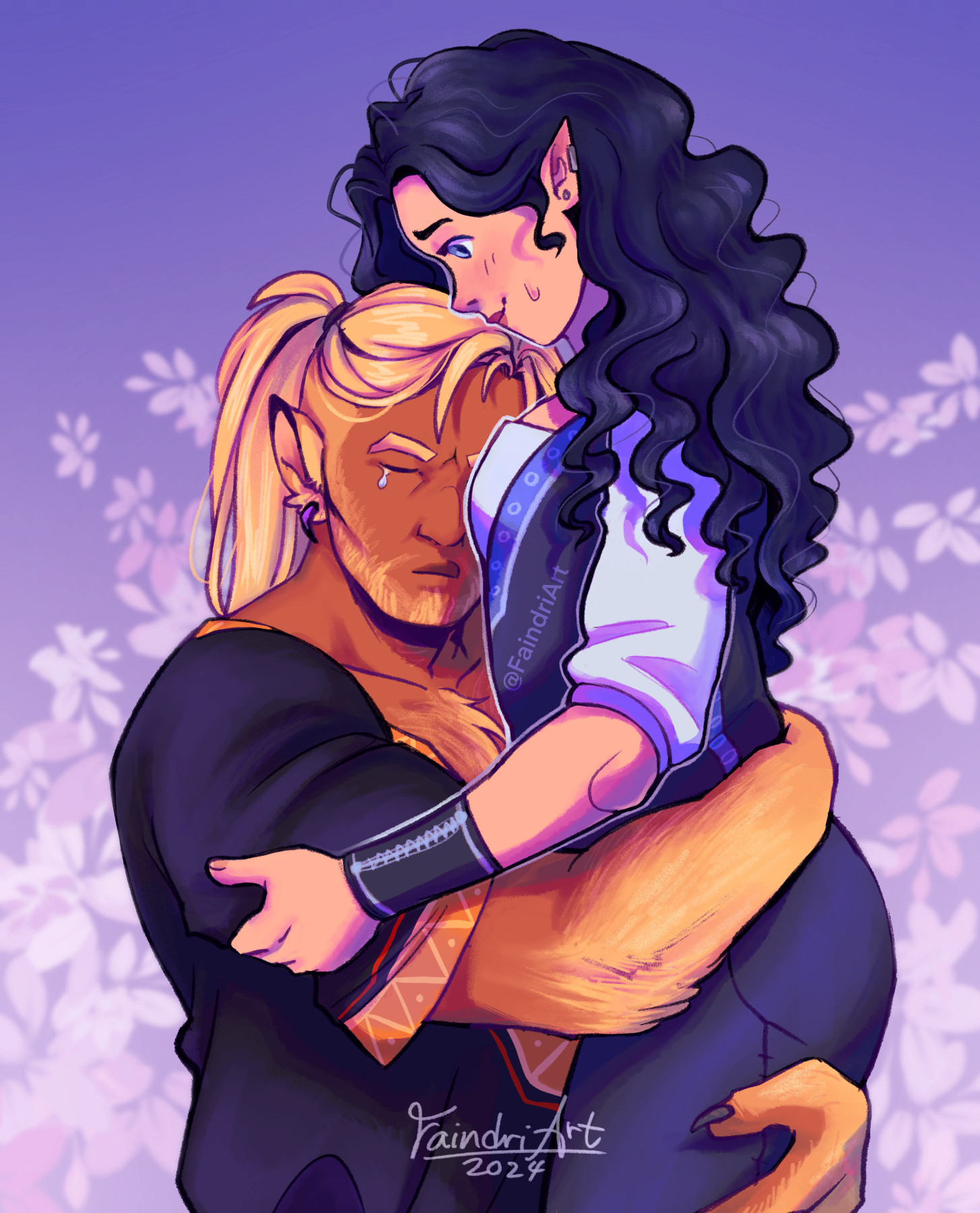 Digital illustration of my original characters Narok and Kasandra. Narok is lovingly holding Kasandra in his arms. 