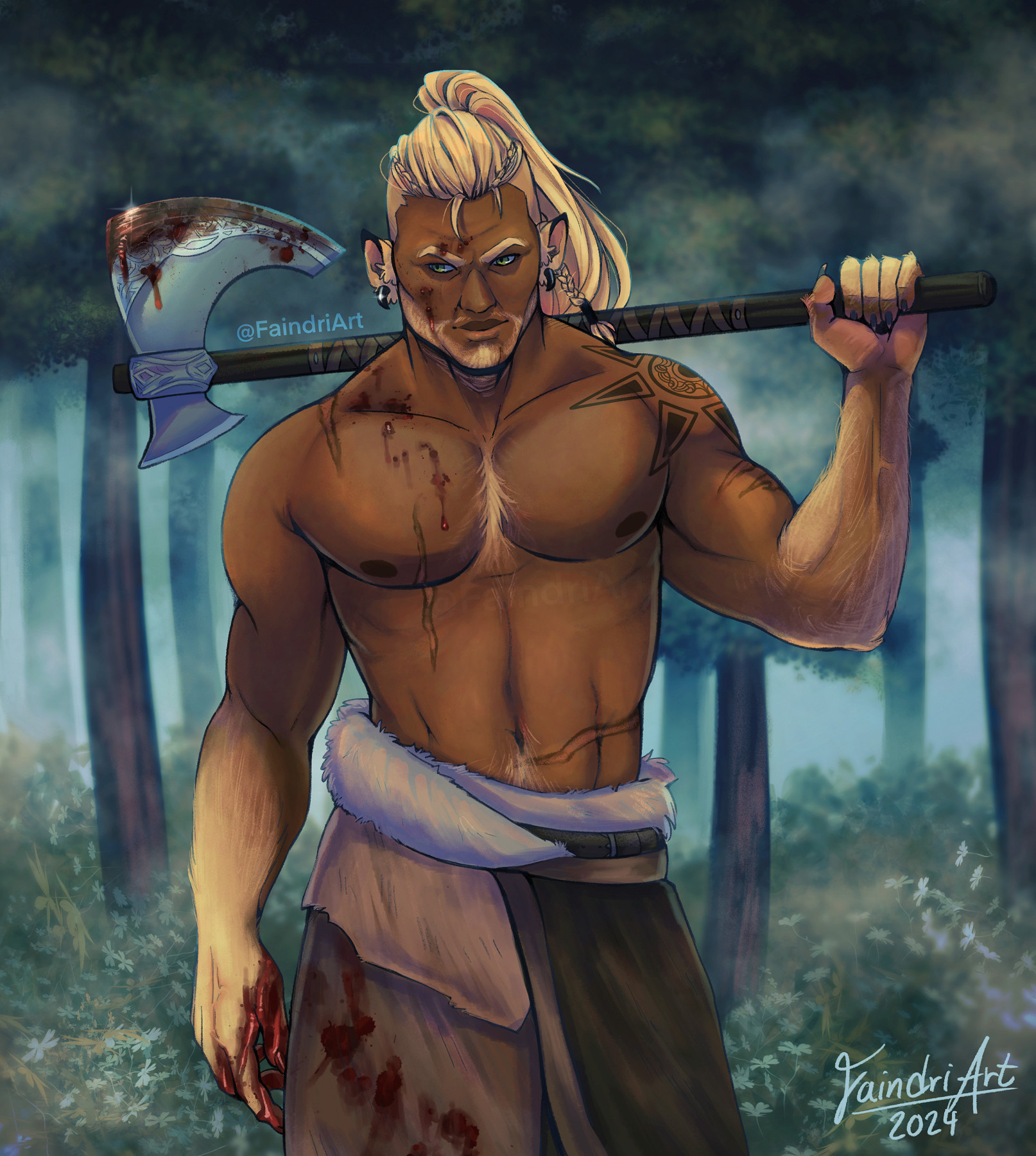 A digital illustration of my OC Narok. He is shirtless and holds a bloody axe over his shoulders. 