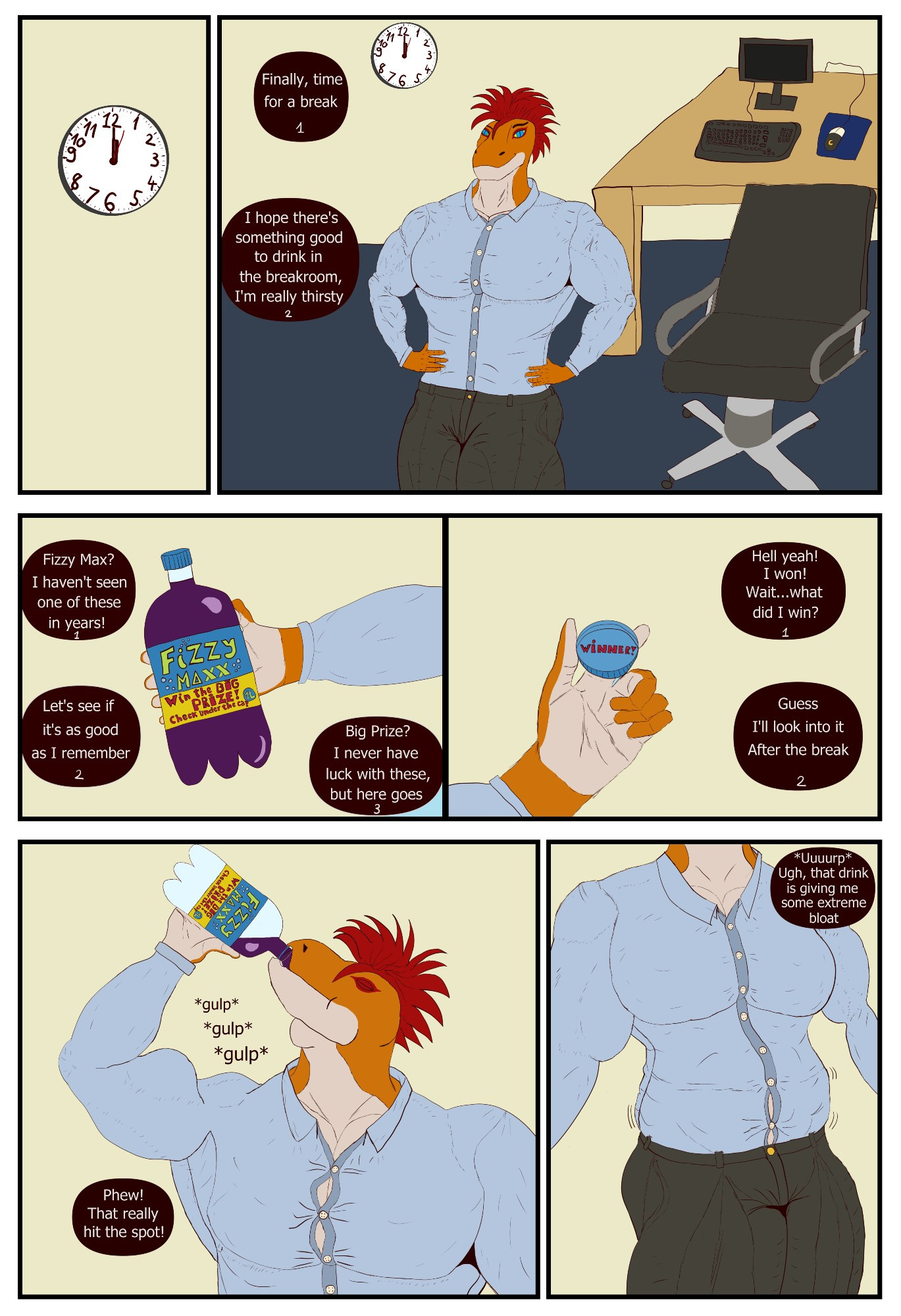 6 panel comic. First panel shows a clock pointing at 12 o'clock. Second panel shows a male character with his hands on his hips in an office. He is about to take his lunch break. Third panel shows the character holding a purple soda called "Fizzy Maxx". The label on the drink talks about winning a "big prize". Fourth panel shows character holding the cap of the drink, the word "Winner" written inside. Fifth panel shows the character drinking the entire bottle of soda. Sixth panel shows the character's abdominal area starting to bloat.