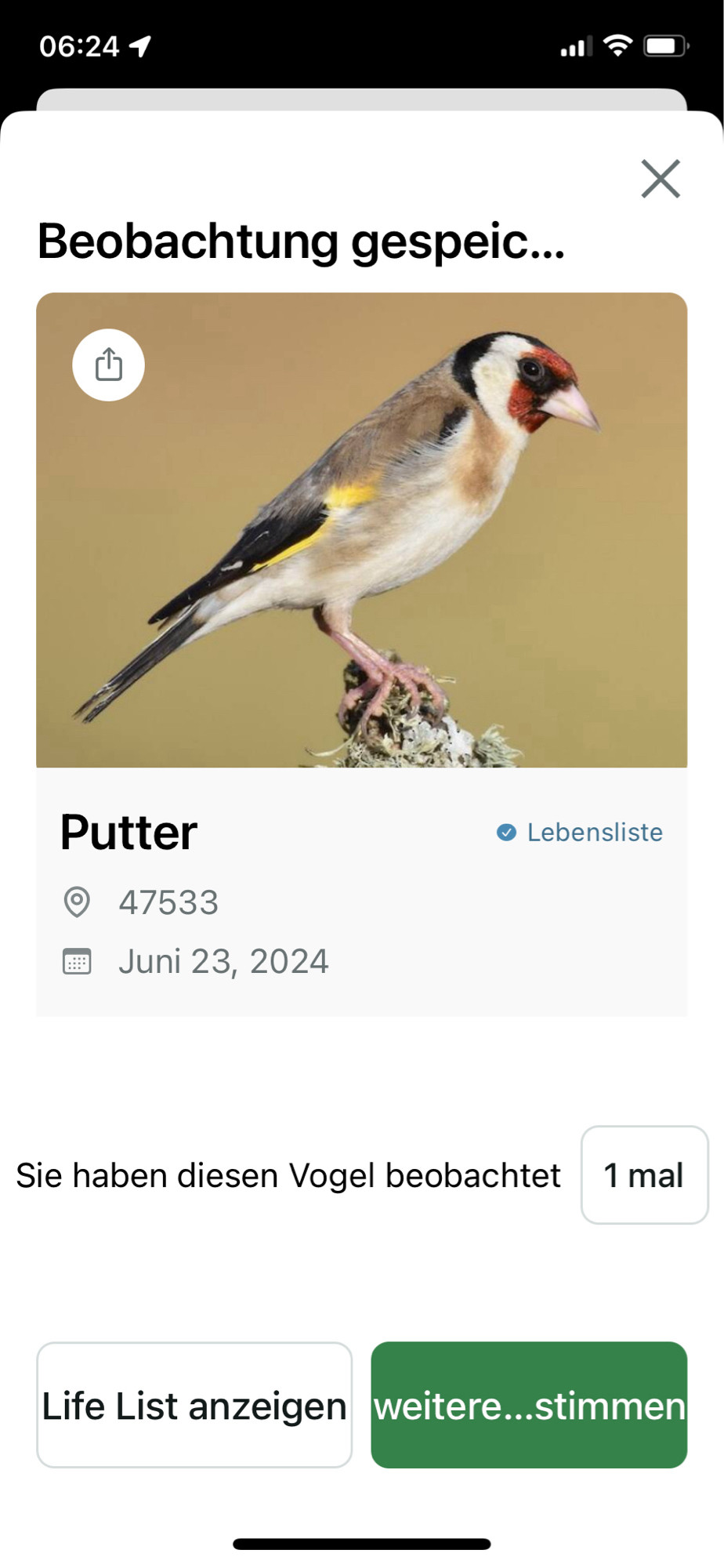 Schermafbeelding van de merlin app die oa een putter heeft waargenomen