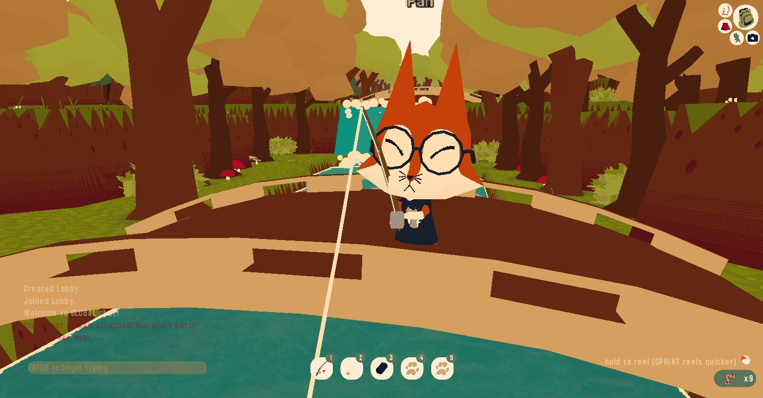 a screenshot of webfishing; OP's anthro fox character is standing on a bridge, with a fishing line thrown in the river beneath them. they are wearing round glasses and a black shirt. trees line the edges of the river behind them.