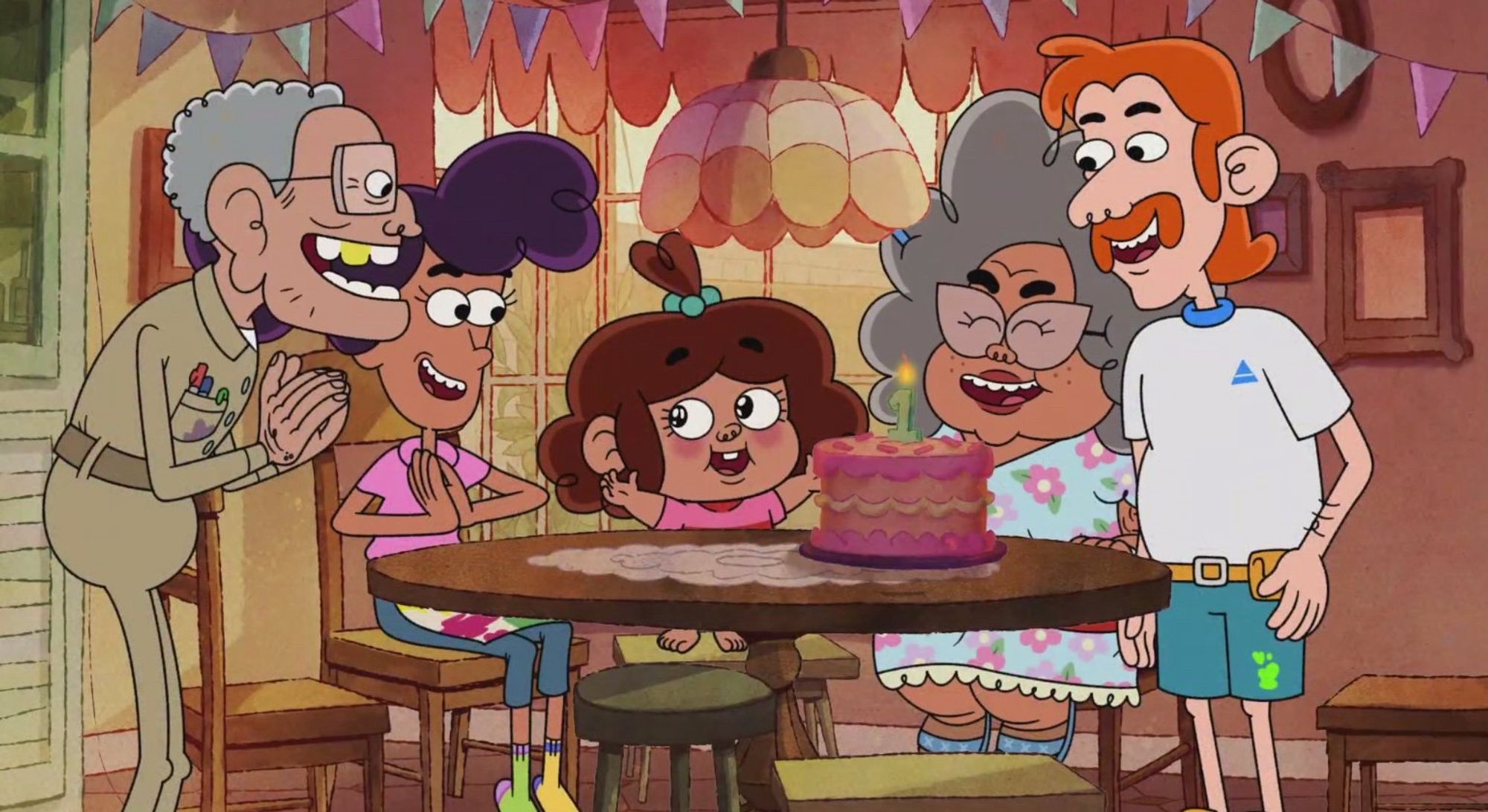 A screenshot of Tater having her first birthday party with her parents and grandparents