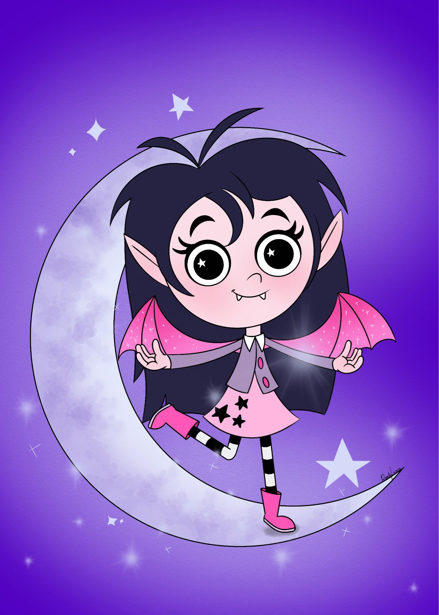 Drawing of Isadora Moon standing on a crescent moon surrounded by stars