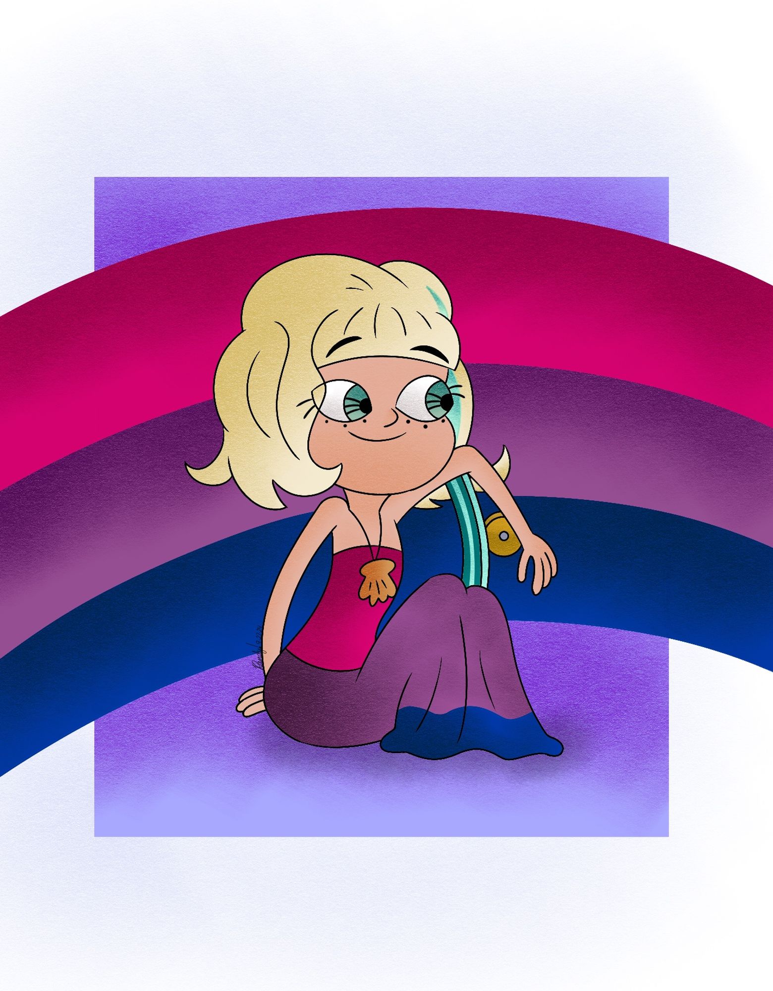 Jackie Lynn in a dress outfit with the bi pride colors of pink, purple and blue, holding her skateboard; a bi pride rainbow appears behind her