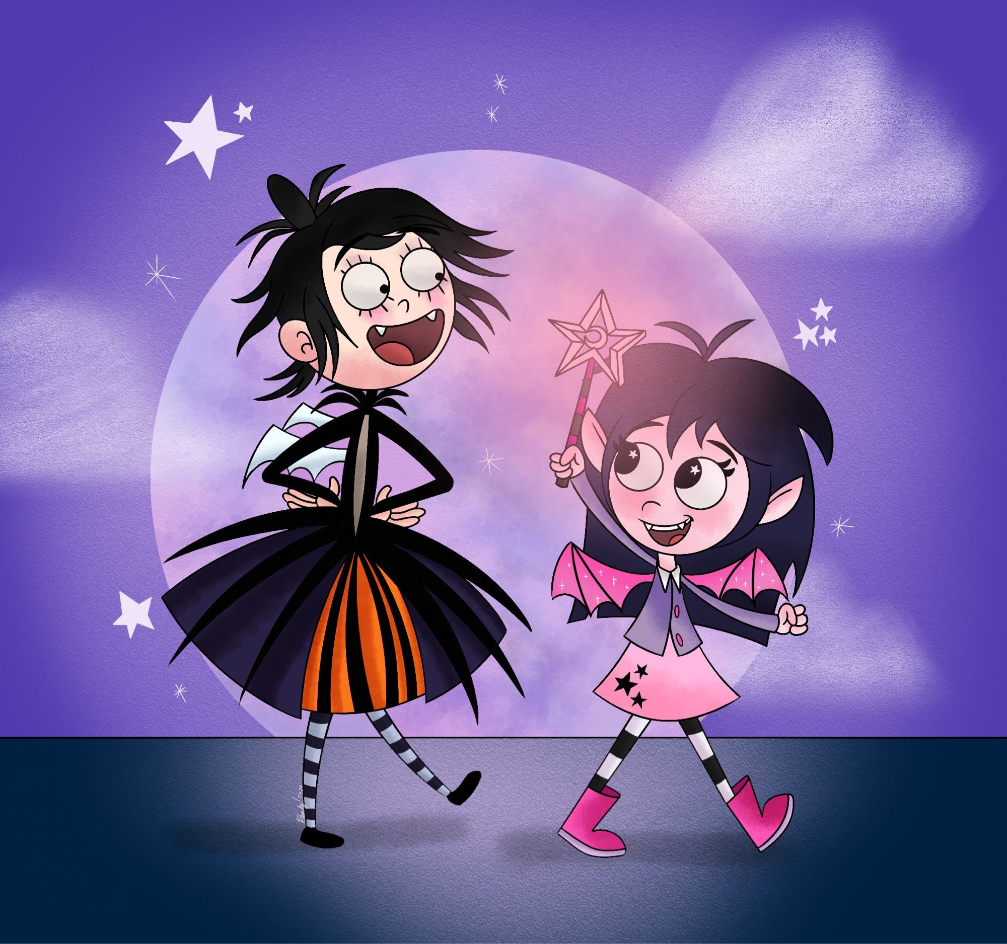 On the left is Amelia walking along with Isadora under moonlit skies! Isadora shows off her glowing wand that’s in the shape of a star with a crescent moon inside it to Amelia!