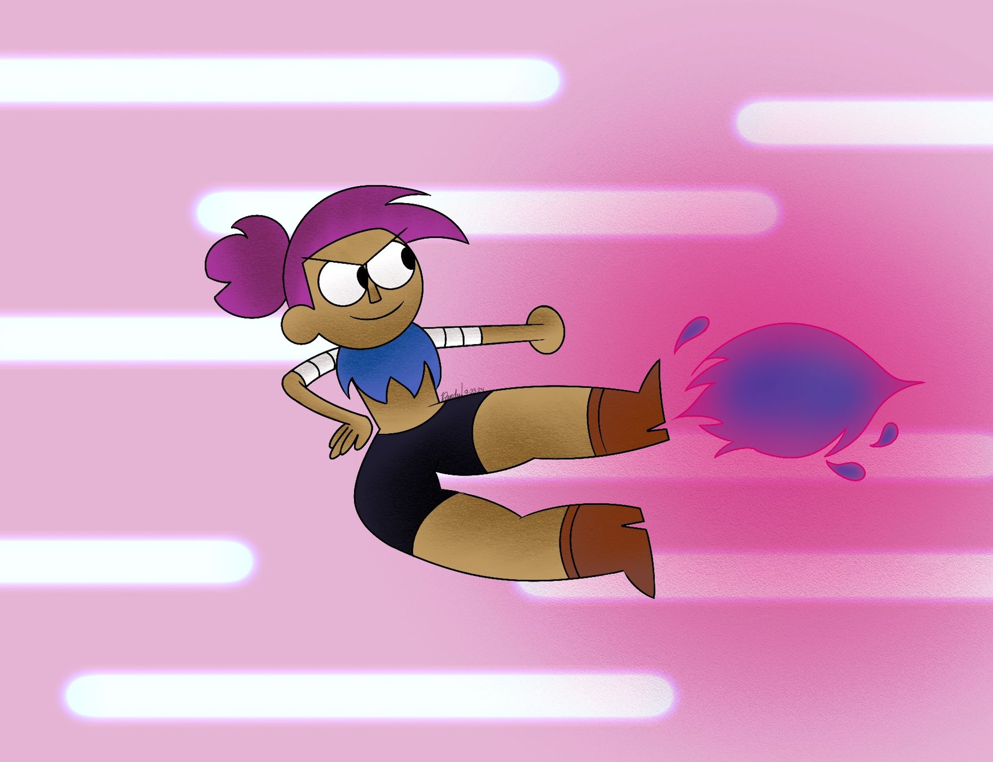 Enid shoots off a flame with the bi pride colors of pink, purple and blue