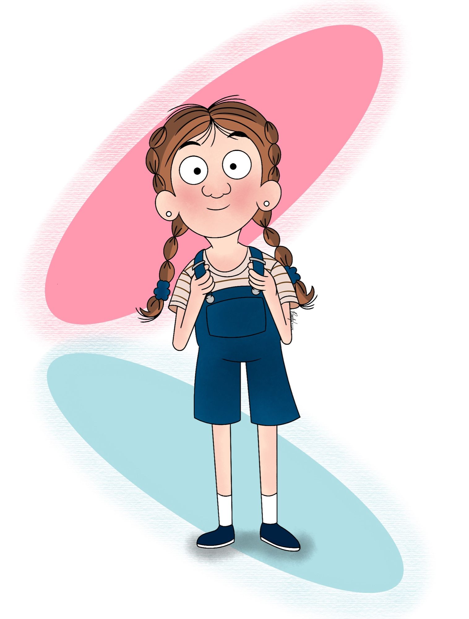 A drawing of the main character of First Day, Hannah Bradford — she wears a striped shirt, blue overalls and has pigtails. Its background is white with pink and light blue ovals — the colors of the transgender flag