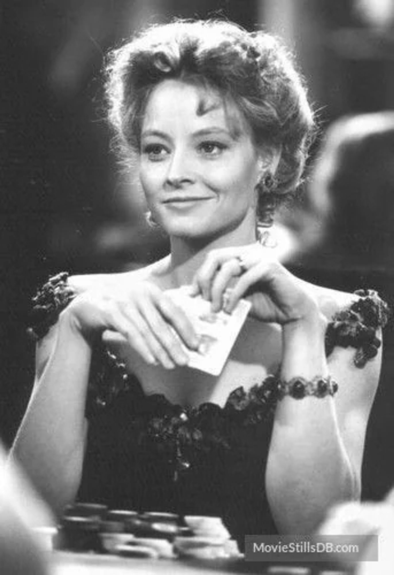 Jodie Foster in "Maverick" (1994) Poker lady in old timey dress smiling. black and white photo