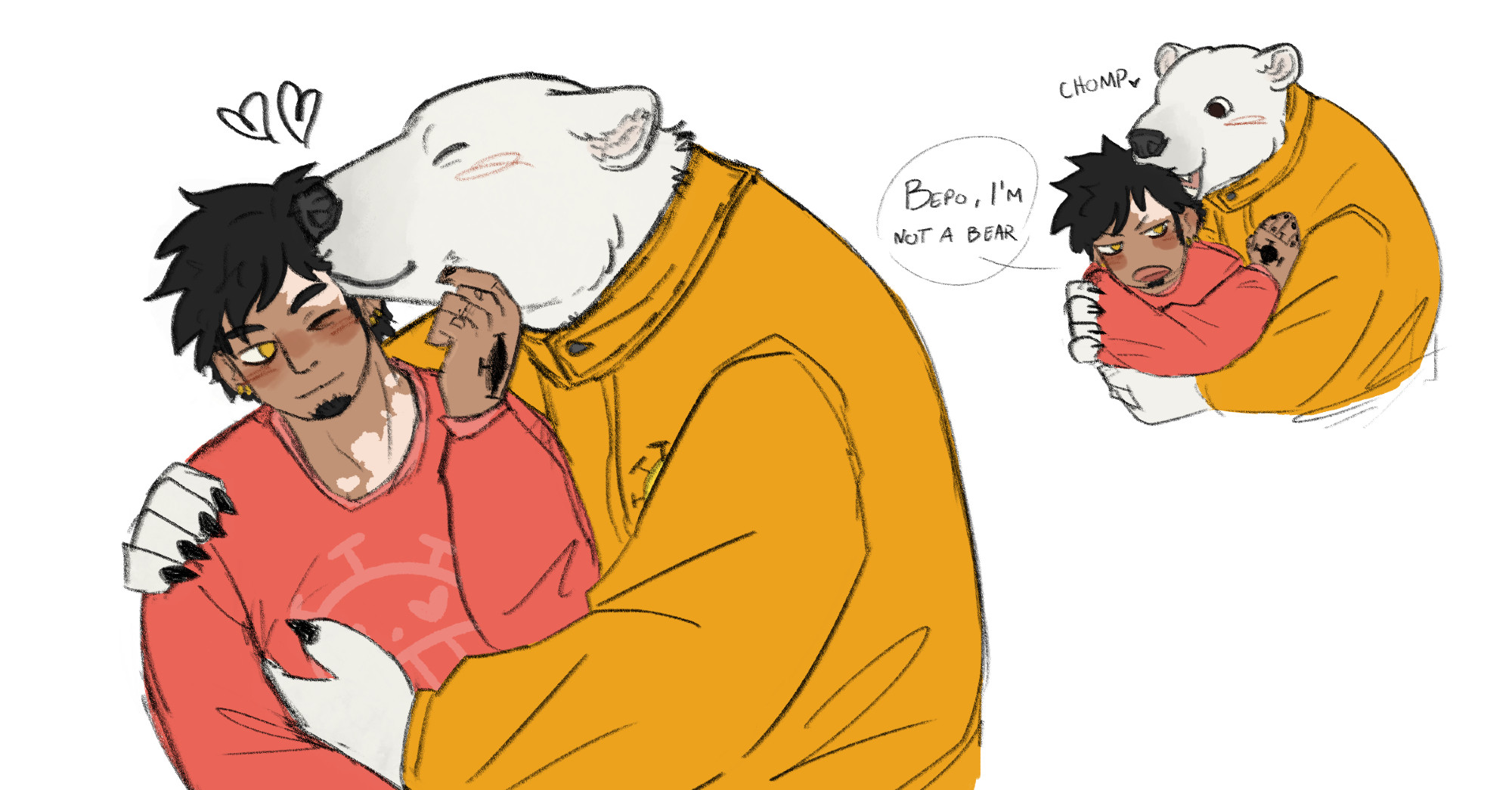 doodles of Law and Bepo cuddling. Bepo gently bites the side of Law's head, as this is how polar bears show affection