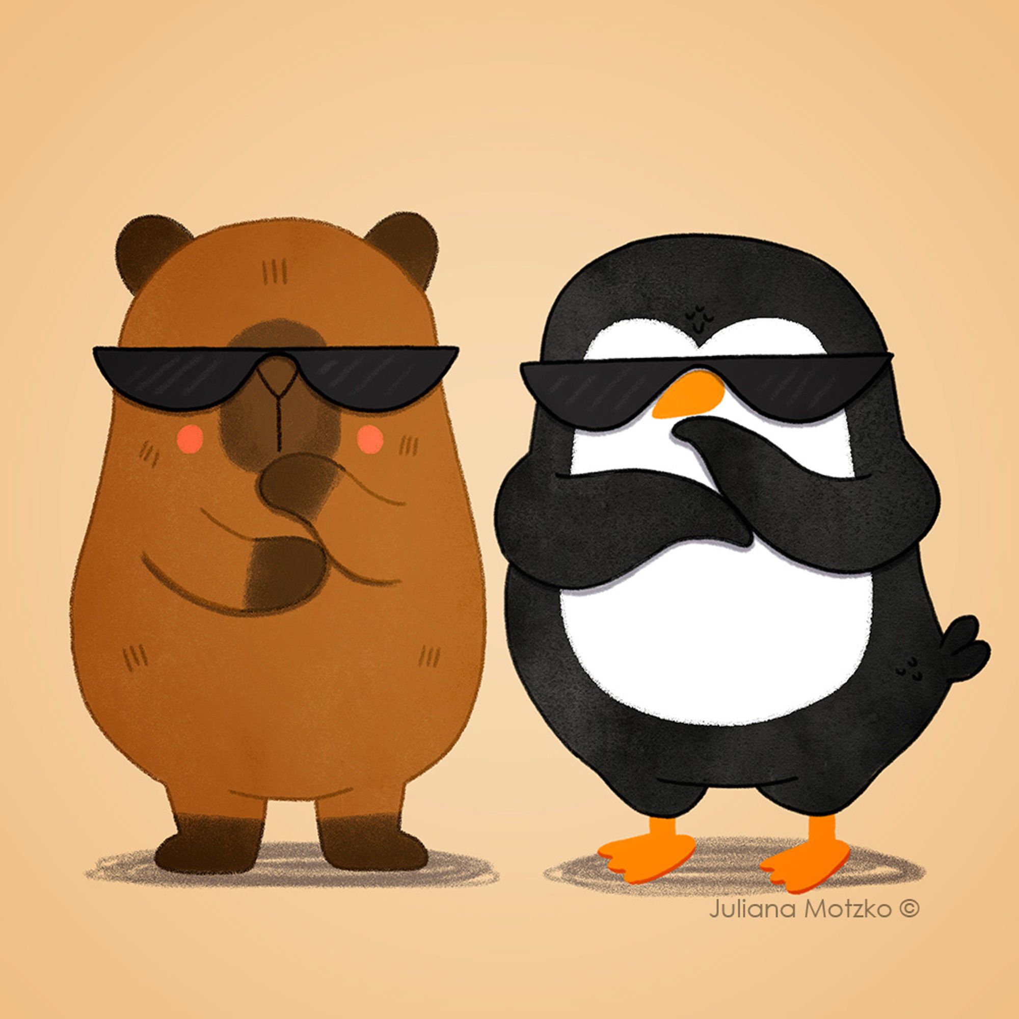 illustration of capybara and penguin in a funny bro pose, wearing sunglasses