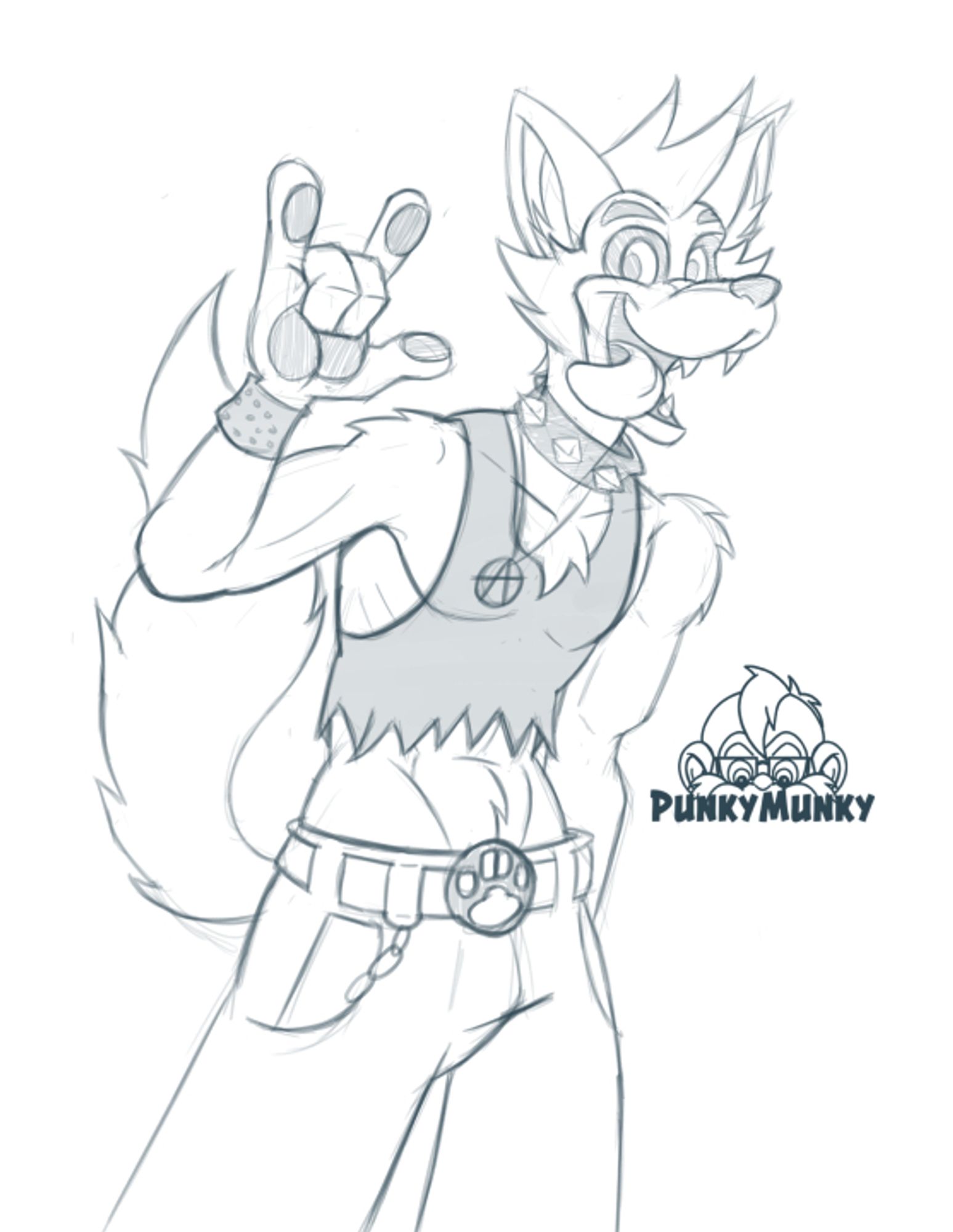 A part Coyote, part Dog Anthro punk with a tanktop torn at the midriff, and making the I Love You in Sign Language in the style of metal Devil Horns.