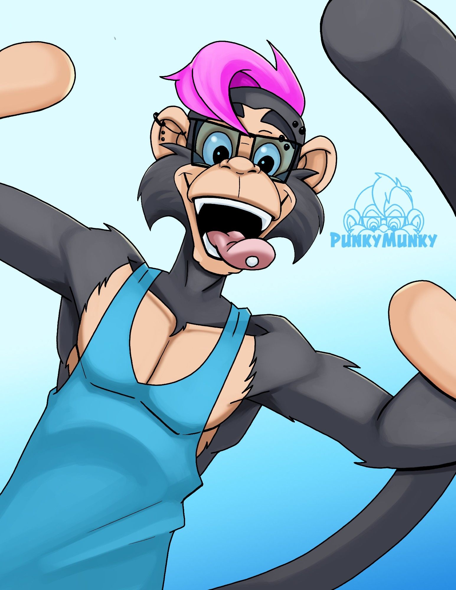 A grey monkey with pink hair and a blue tanktop looks energetically at the viewer with their tongue out and appearing to hold the sides of the image as though they pointing a video camera at themselves.