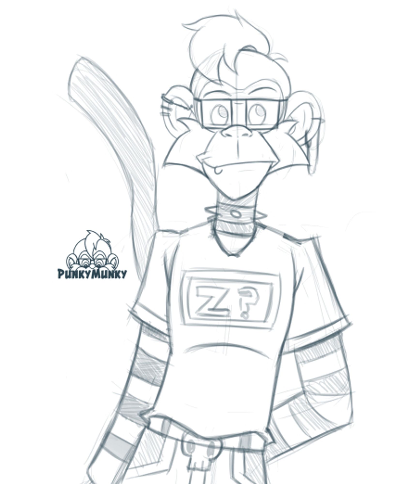 Monkey with multiple ear piercings, a spiked collar and striped long sleeve shirt under a vintage 'Question Sleep" T-shirt