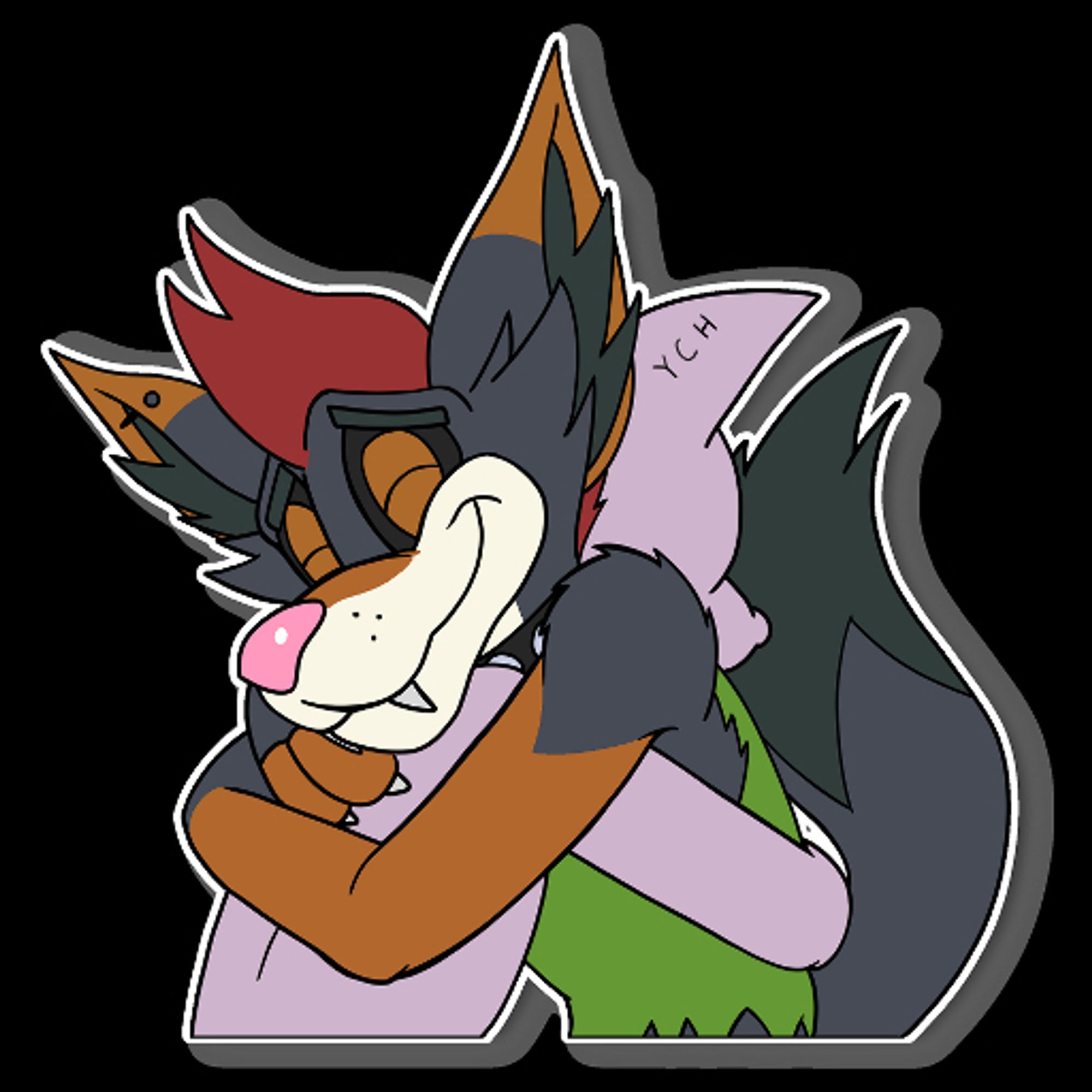 An orange and black colored half coyote dog anthro hugging an *your character here* blank sticker design.