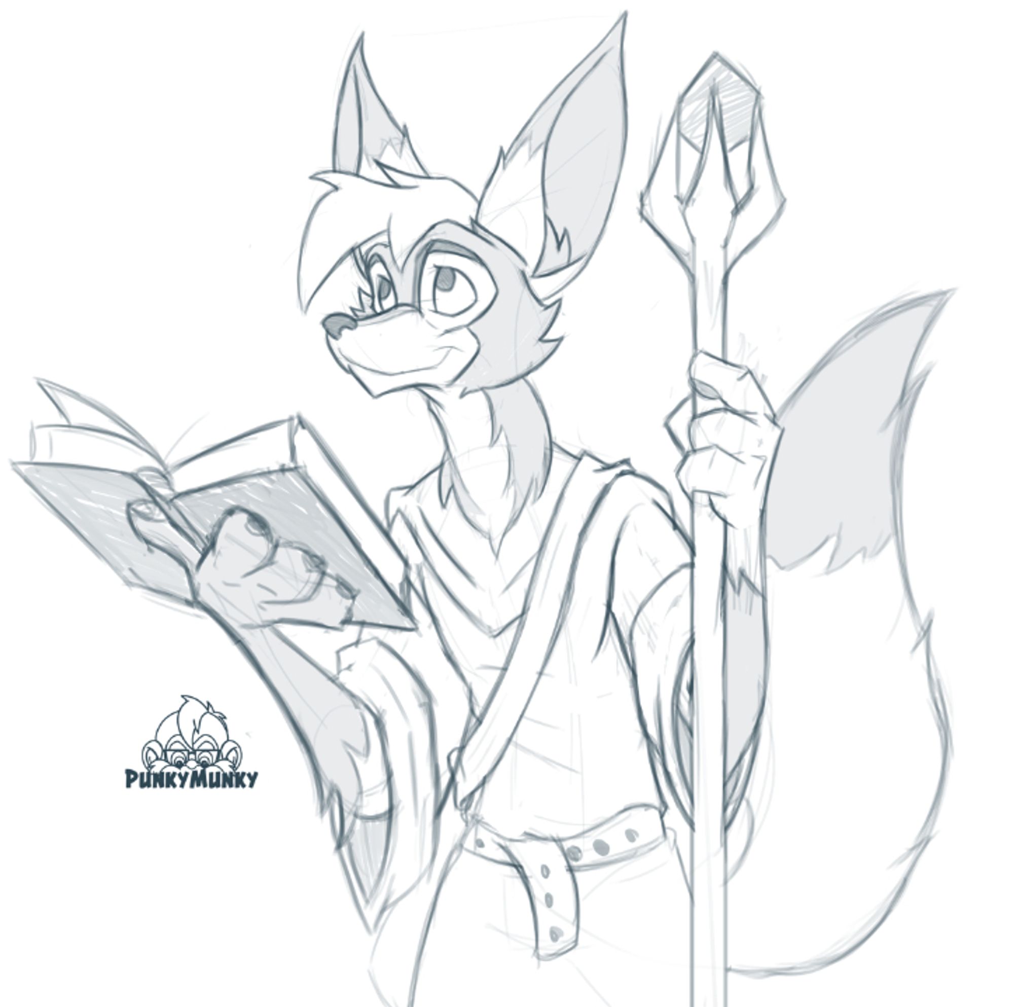 Bat Eared Fox holding a book and staff wearing a robe and satchel