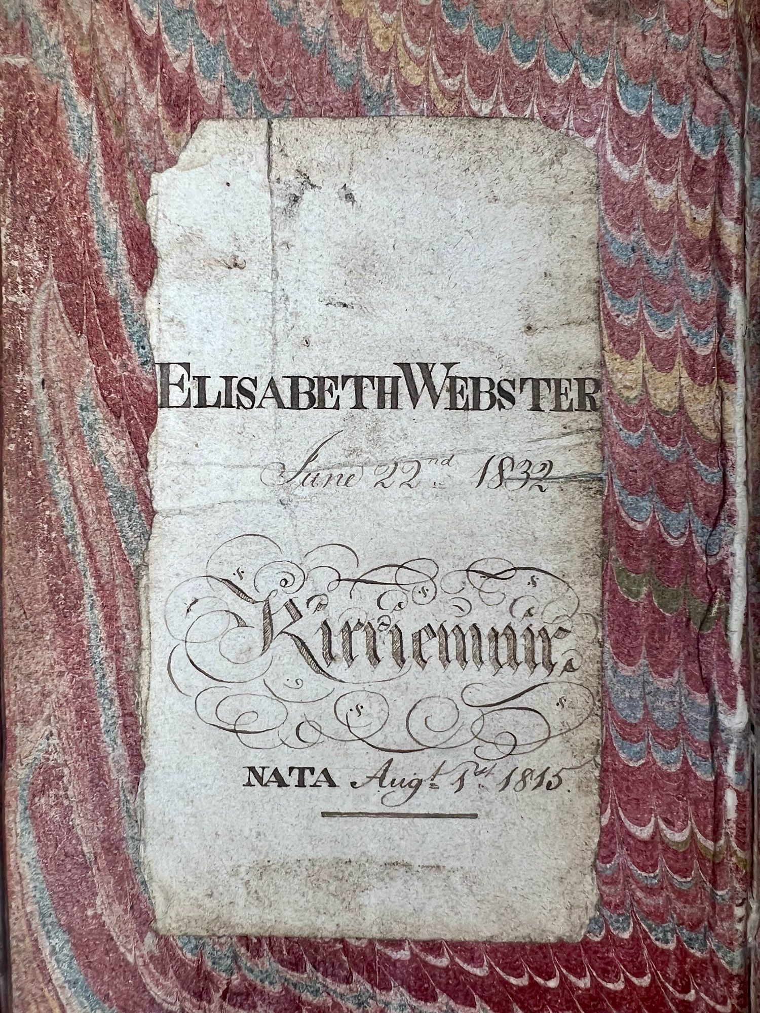 Booklabel of Elisabeth Webster of Kirriemuir, born 1815, dated June 22nd 1832, on marbled endpaper.