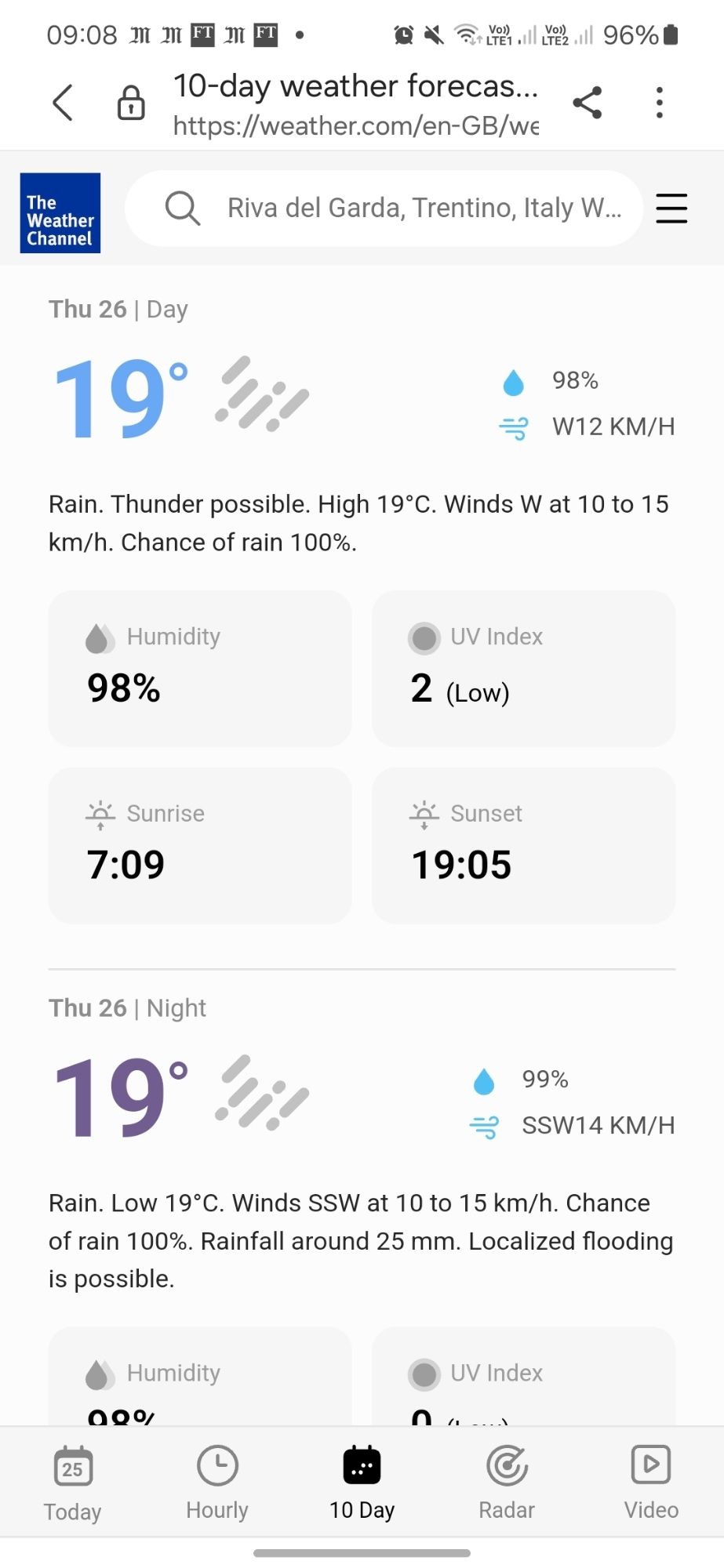 Screenshot of weather forecast for Riva del Garda: Rain. Thunder possible. Chance of rain 100%.