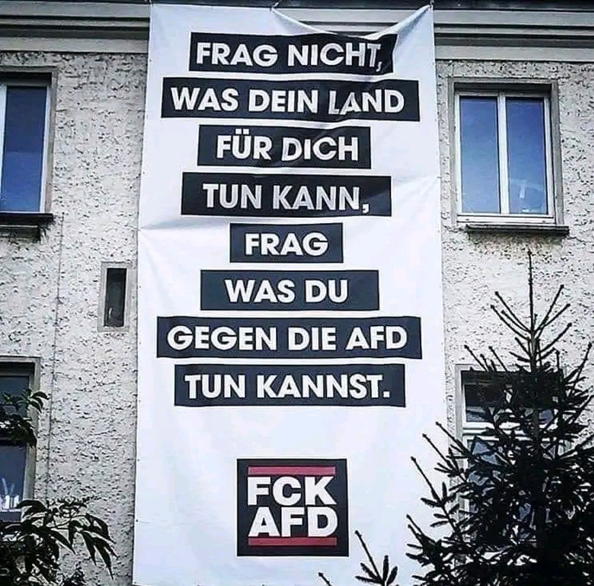 Frag nicht, was dein Land für dich tun kann, frag was du gegen die AFD tun kannst.
Grossformatiges Plakat,weiss mit weisser Schrift schwarz unterlegt.