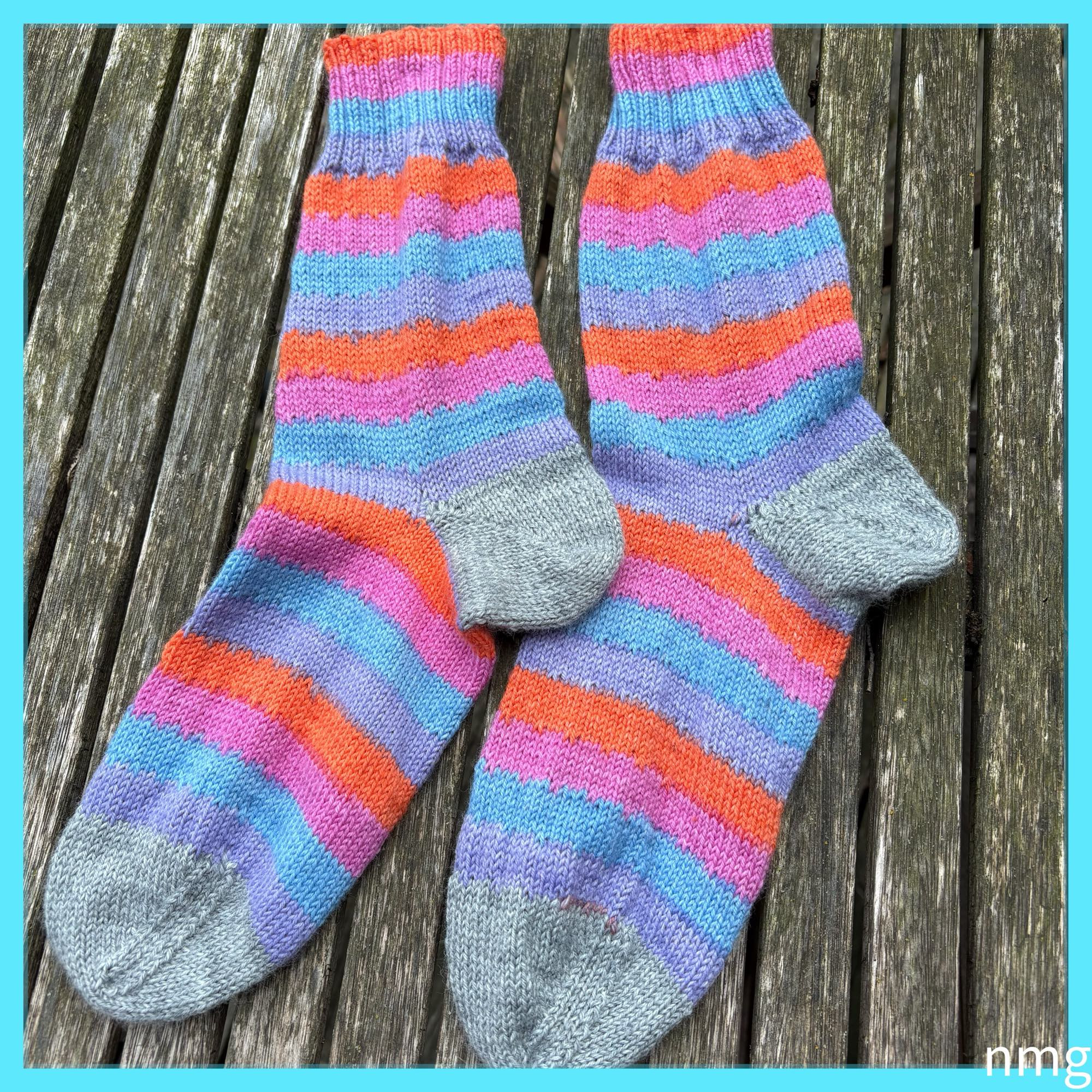 Colourful striped socks with silver grey toes and heels 