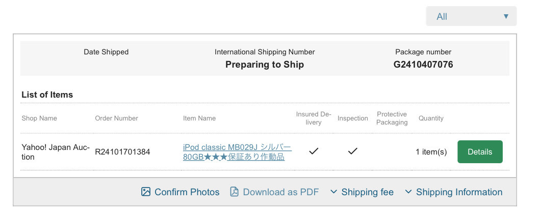 An order slip confirming that an iPod Classic 6th Generation MB029J (80 GB) is preparing to ship from Buyee's warehouses in Japan.