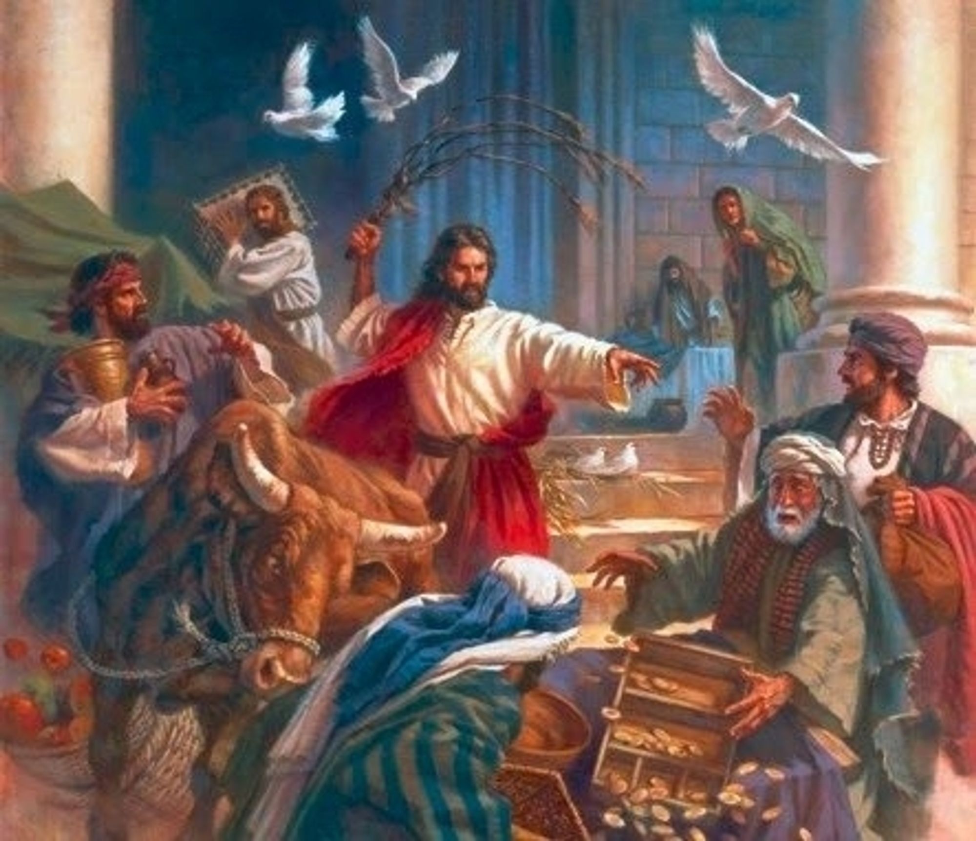 Pintura da passagem bíblica em que Jesus Cristo brada um chicote e derruba mesas para expulsar os comerciantes do templo religioso, agindo de tal modo pois a violência era a única língua que eles entenderiam. Deste modo, Jesus comprova que destruição de propriedade é sim uma forma de protesto válida e se consolida como o primeiro Black Bloc da história.