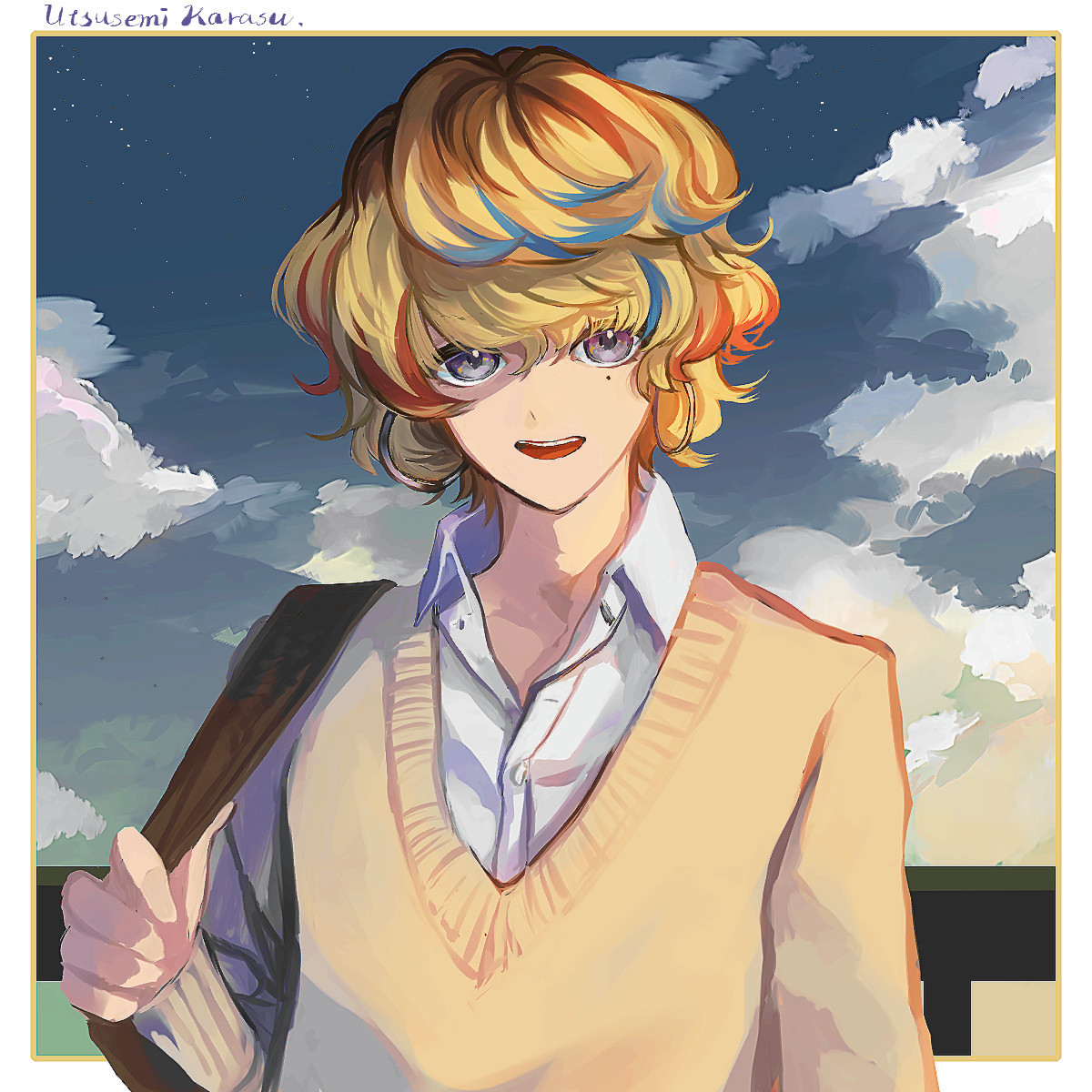 the meshed hair boy. his golden hair is dark roots, the meshed parts are two colors. first color is warming carmine color, other color is bule like summer sky.