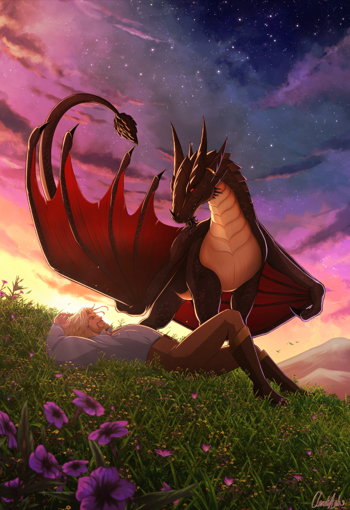 The image is of Wrathion and Anduin from World of Warcraft. Wrathion is is in his true dragon form as he gazes down at Anduin, who is reclined on the grassy hillside, also looking up at Wrathion. It's sunset, and the warm hues paint the picture in a romantic light.