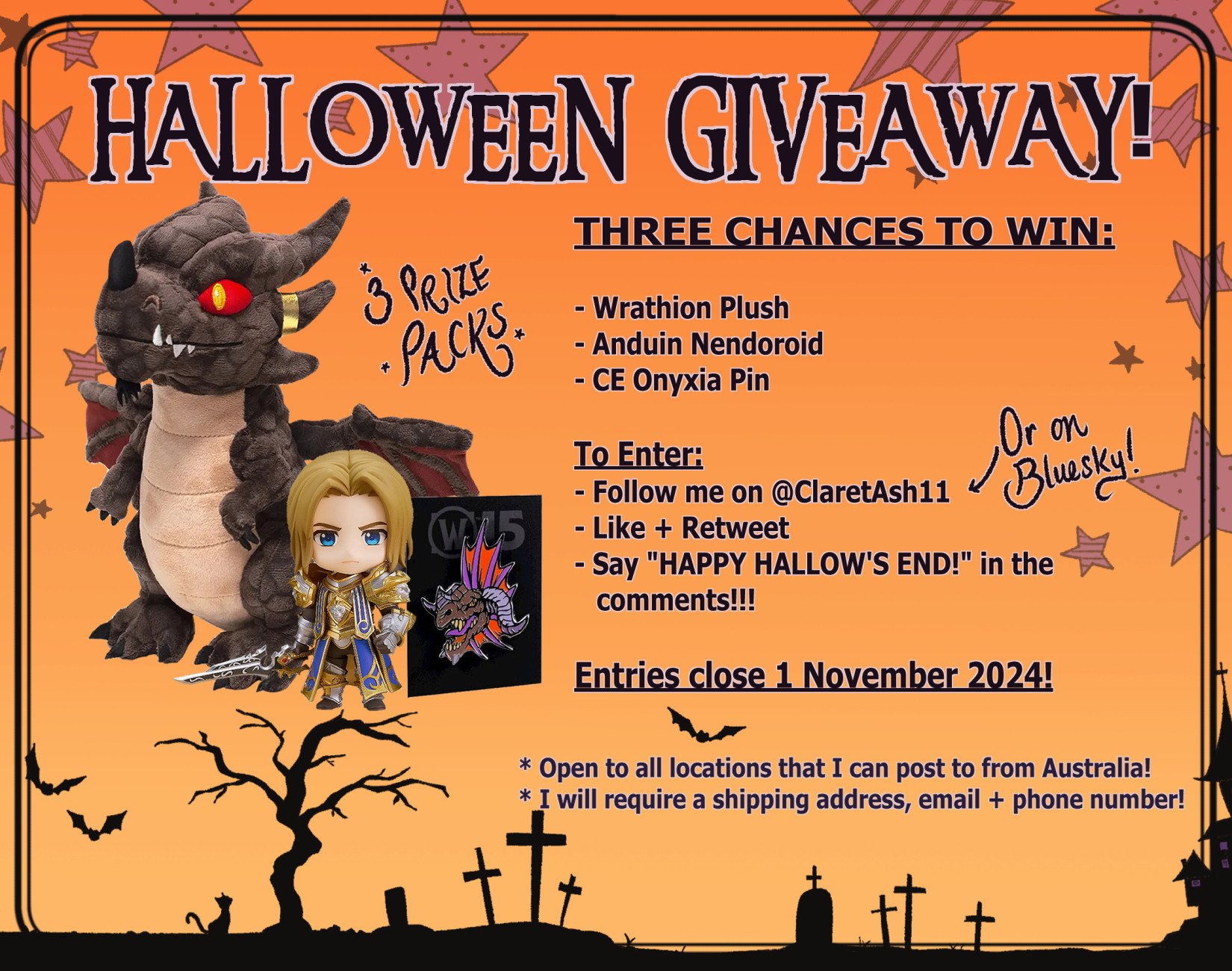 The image shows a giveaway for the Halloween season, of a Wrathion plush, Anduin Nendoroid and a Onyxia pin. To enter, like and retweet/repost this, and say "HAPPY HALLOW'S END" in the comments!