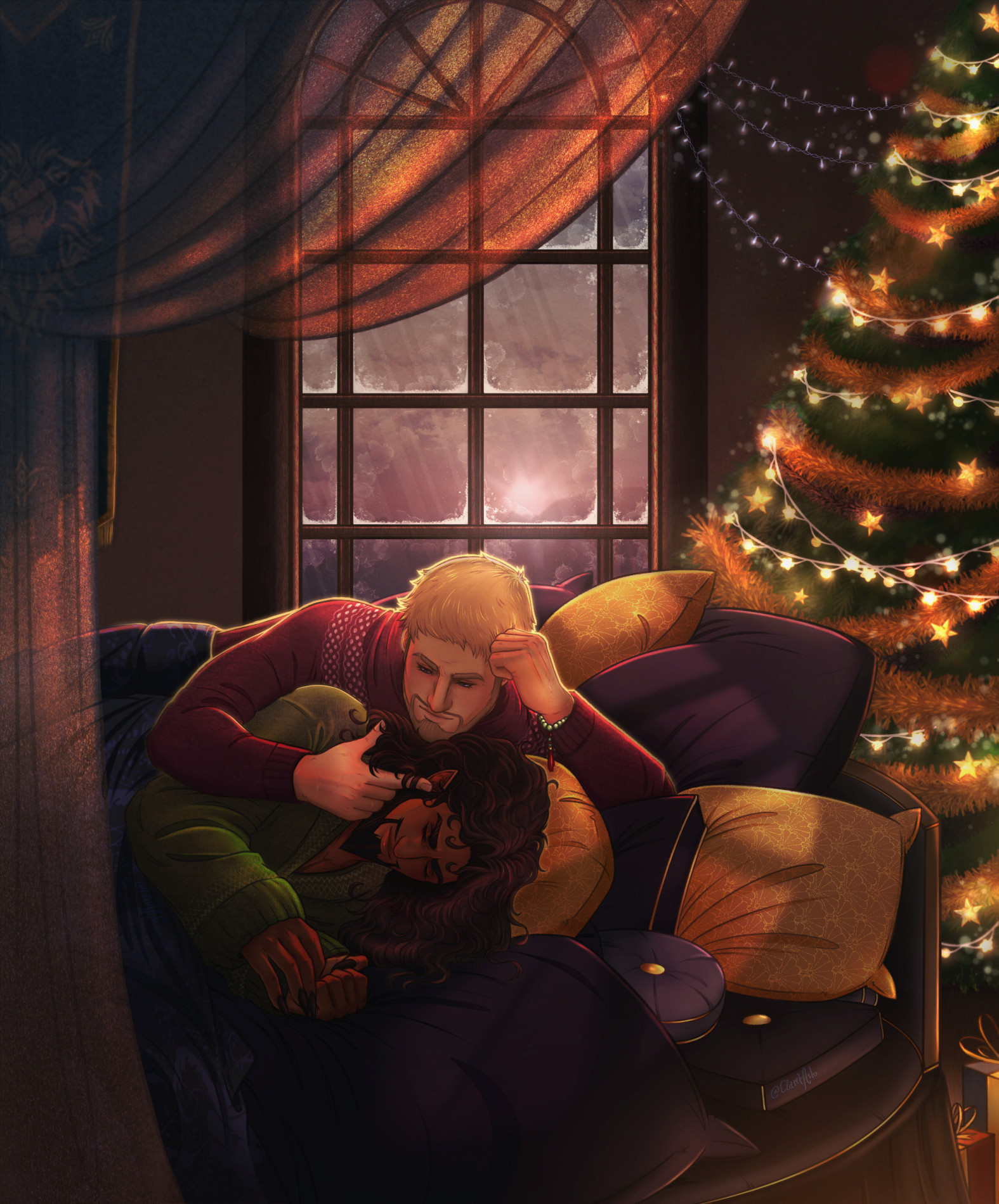 The image of Anduin and Wrathion from World of Warcraft. They are tucked under a blanket, lying on a large amount of pillows. Wrathion has his eyes closed, as Anduin lies behind him, playing with a strand of his hair with a gentle look on his face. Frost and snow has gathered on the window behind them, but they look warm and content. To one side of the image, a large Winter Veil tree glistens with lights.