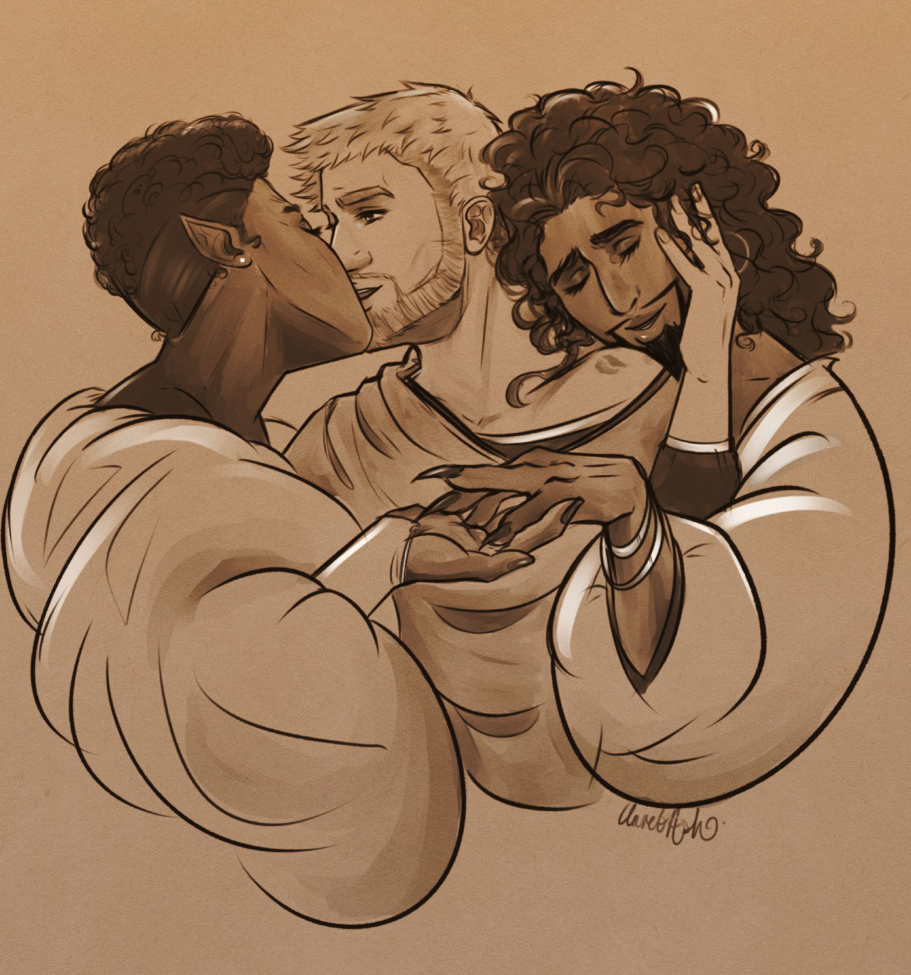 The sketch image shows Faerin, Anduin and Wrathion from World of Warcraft. The three are shown very much in love with each other. Drawn with reference to a famous photo of Anne Hathaway in Twelfth Night.  