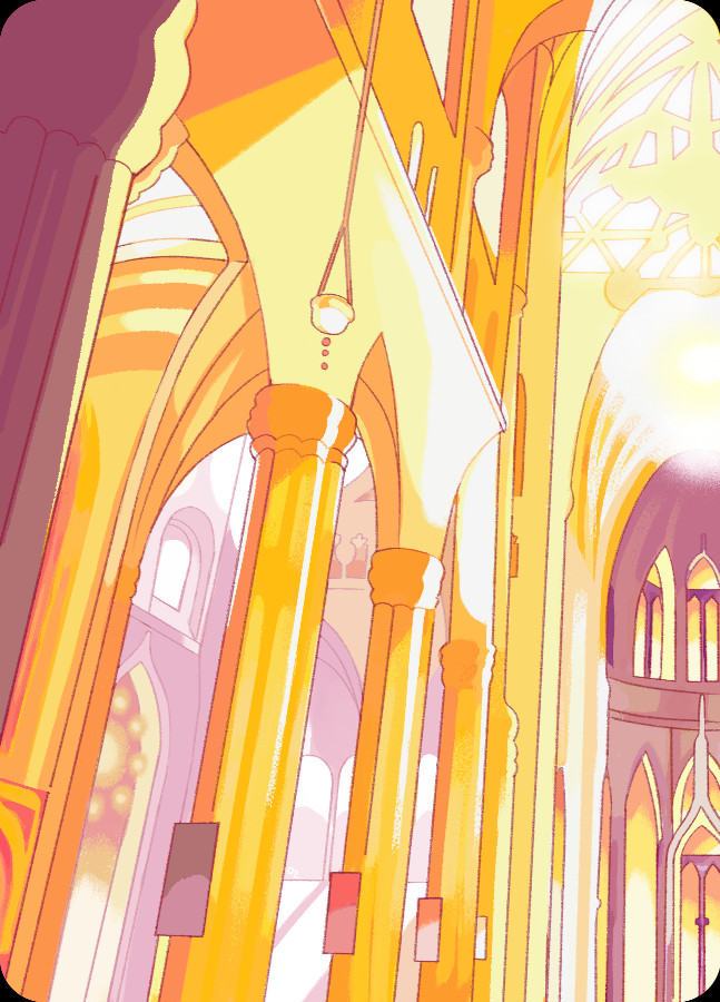 A vertical piece of the yellow moon Prospit from Homestuck, as drawn by OP. It features a cathedral's interior view with tall columns and arches.