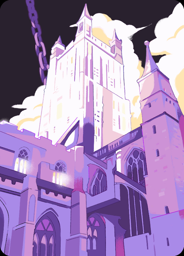 A vertical piece of the purple moon Derse from Homestuck, as drawn by OP. Light reflects brightly off of the top of the cathedral. Yellow clouds shroud the background. A large purple chain juts into the sky.