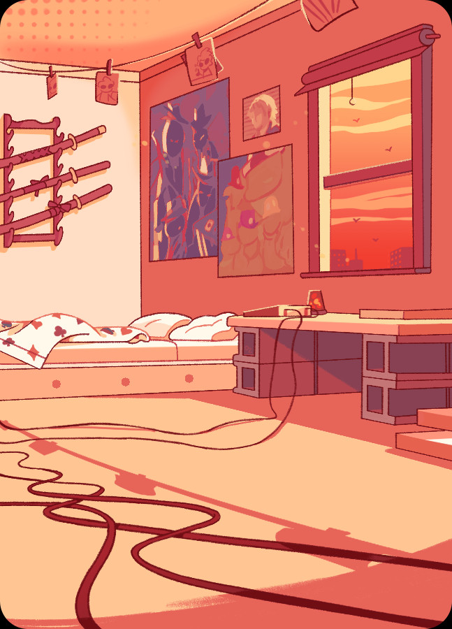 A vertical view of Dave Strider's room in Homestuck as drawn by the OP. The colors are in tones of red and orange. From the angle shown, Dave's bed with card suite sheets are visible, along with his swords and posters depicting the Midnight Crew and the Felt. Photos of Dave are pinned up on string crossing his room towards the camera over various cables.