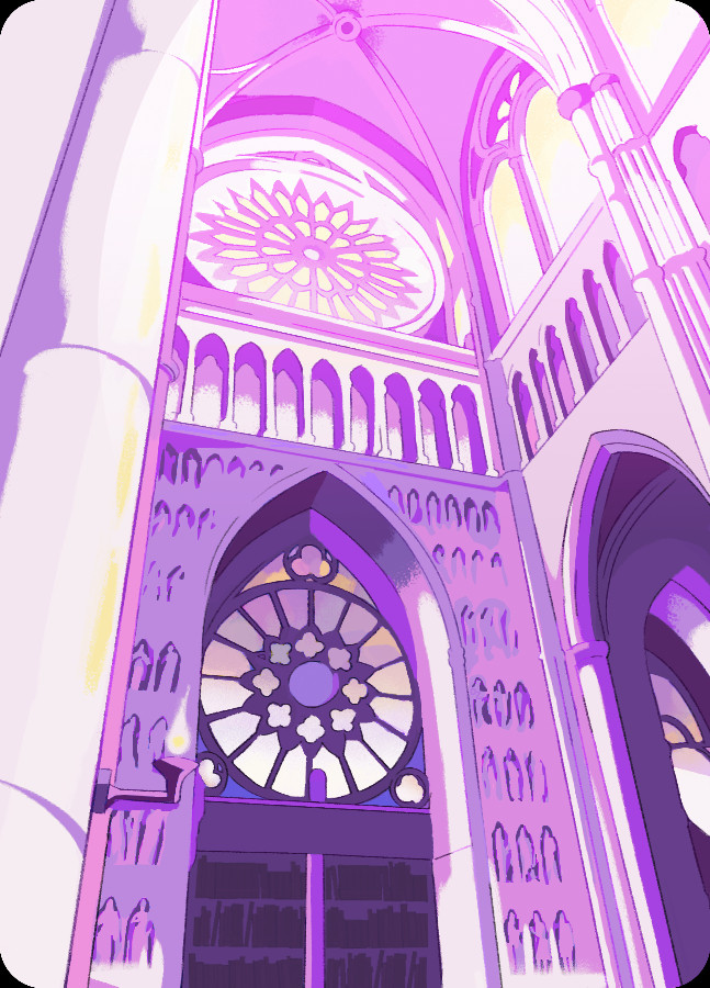 A vertical piece of the purple moon Derse from Homestuck, as drawn by OP. It features a cathedral's interior view with stained glass windows.