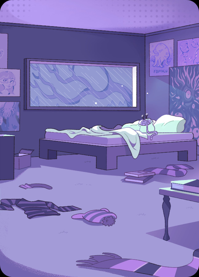 A vertical view of Rose Lalonde's room in Homestuck as drawn by the OP. The colors are in tones of purple and blues. From the angle shown, Rose's bed is visible with her yarn on top. The window above her bed shows the rain outside. Posters and her own drawings decorate the walls depicting various outer gods. Her floor has clothes and books haphazardly strewn across the floor.