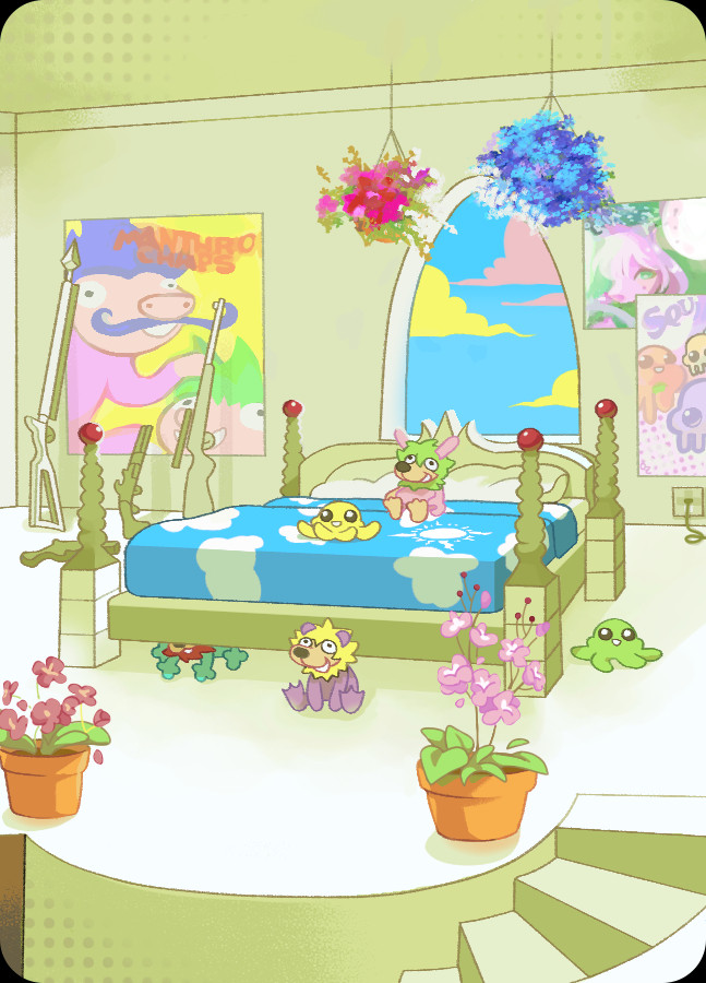 A vertical view of Jade Harley's room in Homestuck as drawn by the OP. The colors are mostly in tones of green with a variety of other colors decorating. From the angle shown, Jade's bed with sky sheets are visible, under her window showing a blue sky with yellow and pink clouds. Her room is decorated with various manimal and Squiddle plushies as well as flowers by her stairs leading down and hanging off her ceiling above her bed. Guns lean against the wall over her Manthro Chaps poster, with the other wall covered by a Squiddles poster and furry art.