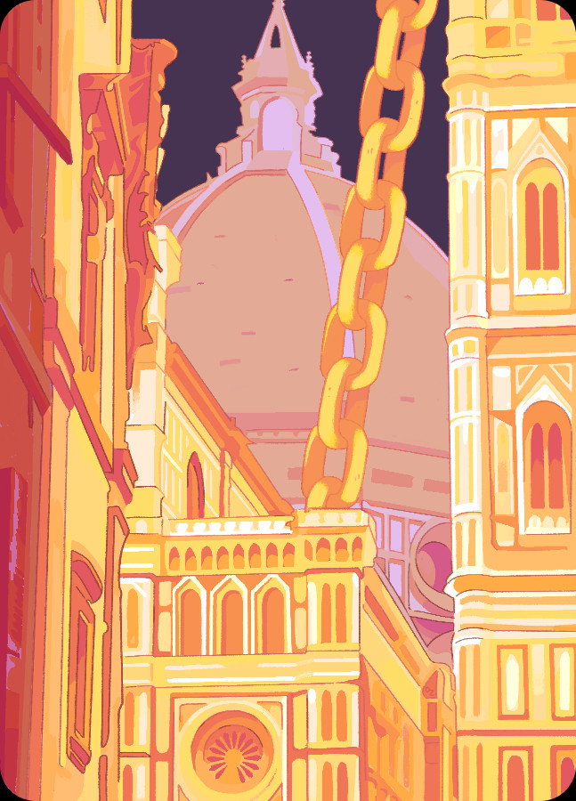 A vertical piece of the yellow moon Prospit from Homestuck, as drawn by OP. A dome in the background is inspired by the Florence Cathedral. A large chain juts into the sky.