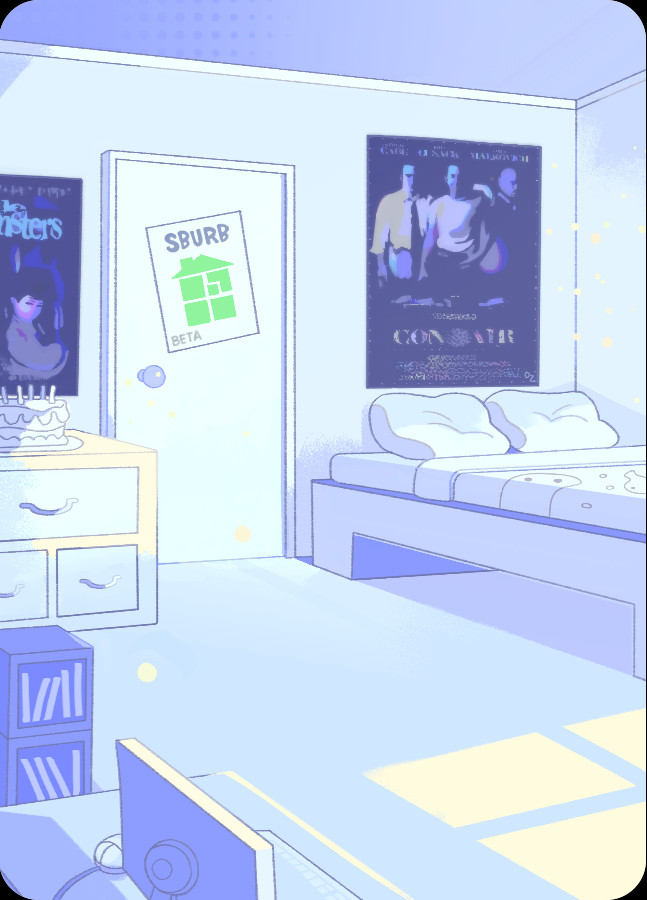 A vertical view of June Egbert's room in Homestuck as drawn by the OP. The colors are in tones of blue with yellow and show June's bed, Con Air poster, and SBURB beta poster on her door. Her birthday cake is visible on her dresser.