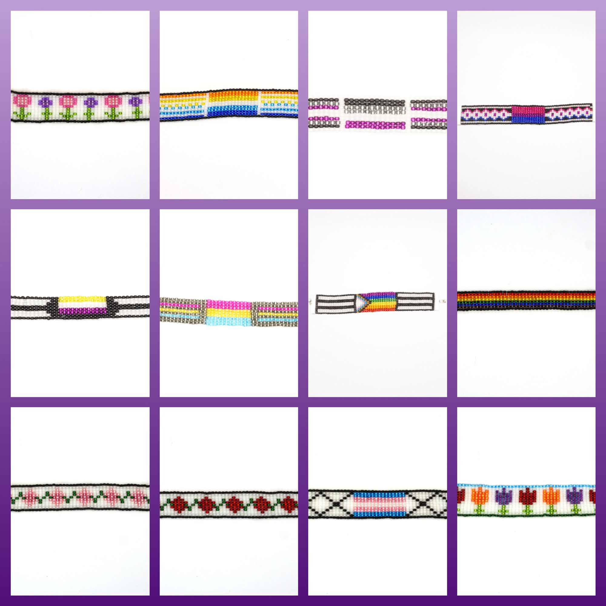 A grid featuring 12 seed bead loom bracelets. The top row features bracelets based on the transgender, aroace, asexual, and bisexual flags. The second row features bracelets based on the non-binary, pansexual, and progressive flats, with a rainbow to boot. The third row has bracelets based on flowers -- pink roses, red roses, alliums, and tulips.