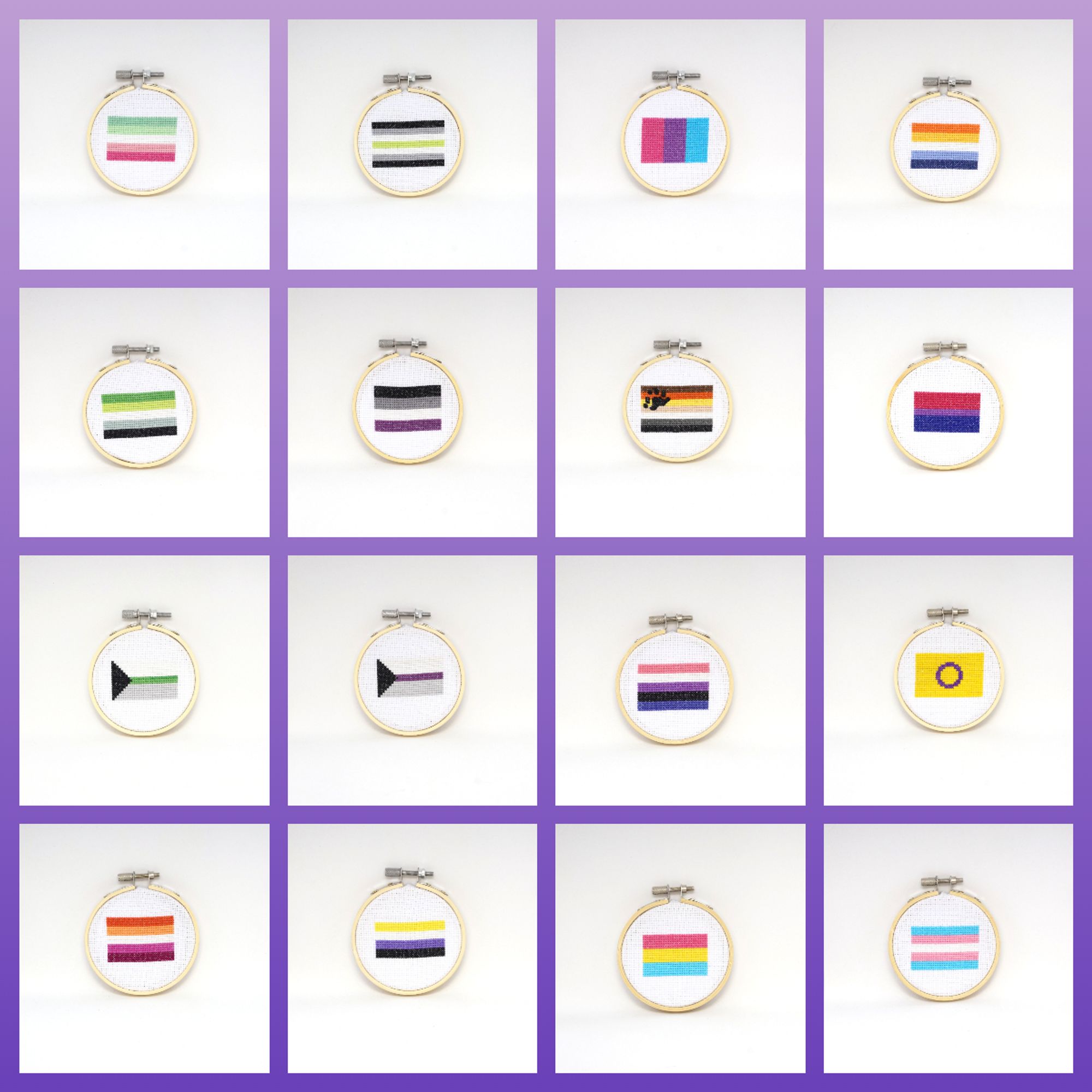 A grid containing 3 inch cross-stitches in their hoops. Each represents a different pride flag (left to right, top to bottom): abrosexual, agender, androgyne, aroace, aromantic, asexual, bear, bisexual, demiromantic, demisexual, genderfluid, intersex, lesbian, non-binary, pansexual, and transgender.