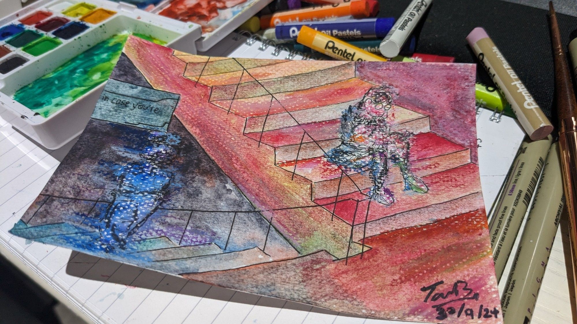 A mixed media piece depicting a scene from 1000xResist of two characters speaking in a stairwell -- one lit in red and the other in blue.