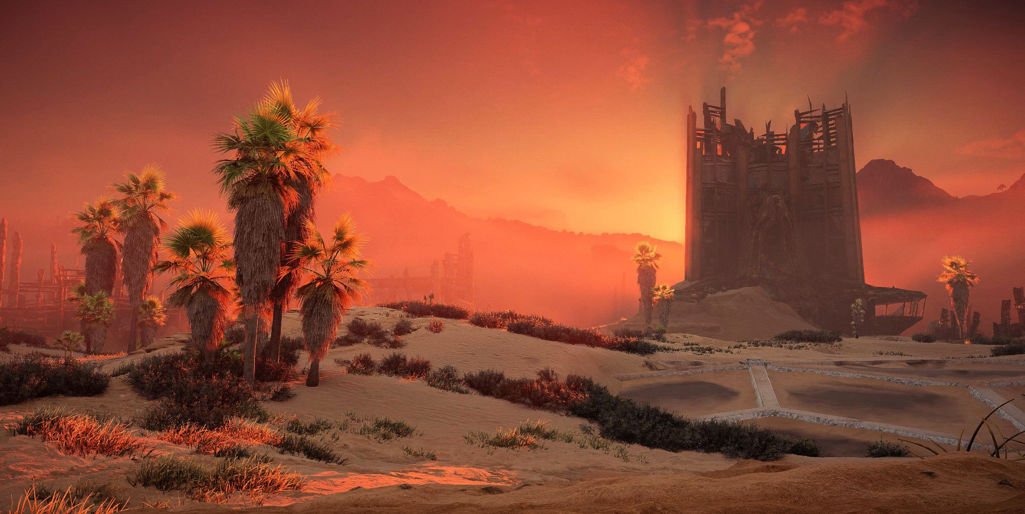 A virtual photo of Horizon Forbidden West, of the desert at sunrise