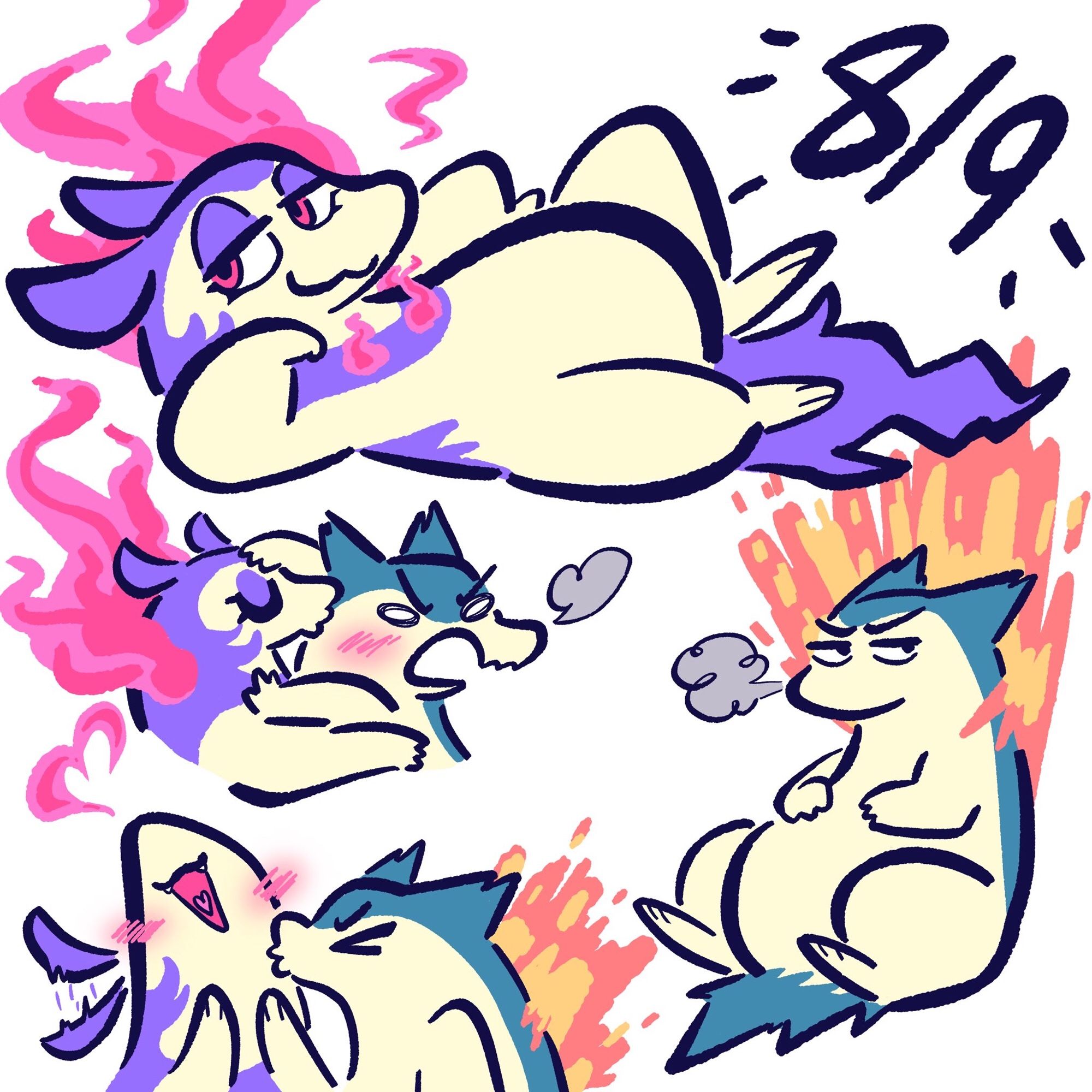 A small handful of typhlosion doodles with a grumpy johto typhlosion and a sleepy hisuian typhlosion with both forms exchanging smooches