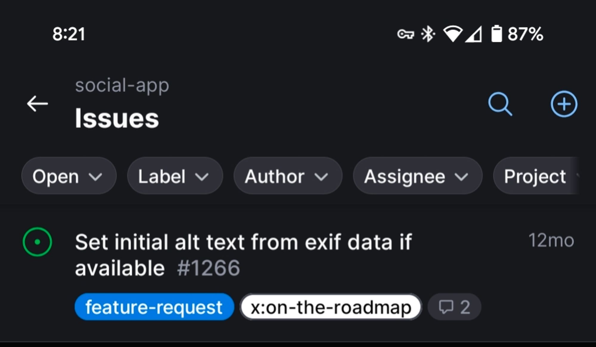 Screenshot of the GitHub Mobile app, on the issues page for the BlueSky apps, showing the issue:

"Set initial Alt text from ex if data if available - #1266"

It has the labels "feature-request" and "x:on-the-roadmap"