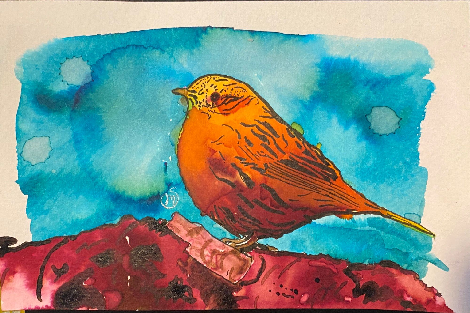 A painting of a Dunnock for September #BirdWhisperer. The background has been painted with Diamine Aurora Borealis fountain pen ink. The tree branch has been painted with Diamine Oxblood and a little bit of Tom Norton's Walnut Drawing Ink. The bird has been painted mostly in Noodler's Apache Sunset, with some Diamine Oxblood and Tom Norton's Walnut Drawing Ink.

🎨 #art #traditionalart #fountainpen #fountainpenink #inksky #sciart 🪶