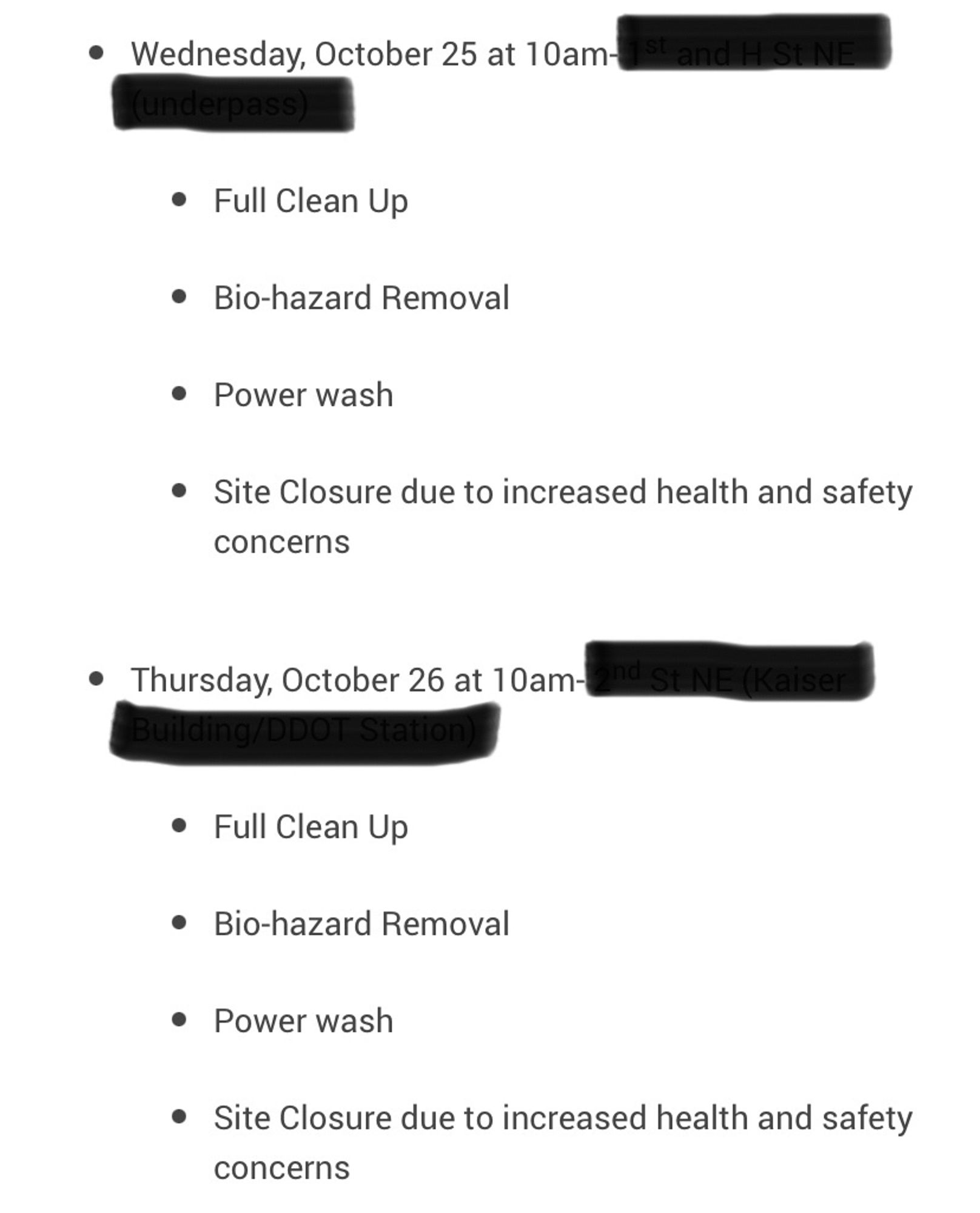 A screenshot of the website showing the two upcoming evictions. The address of the encampments have been redacted and both show that there will be a site closure due to health and safety concerns