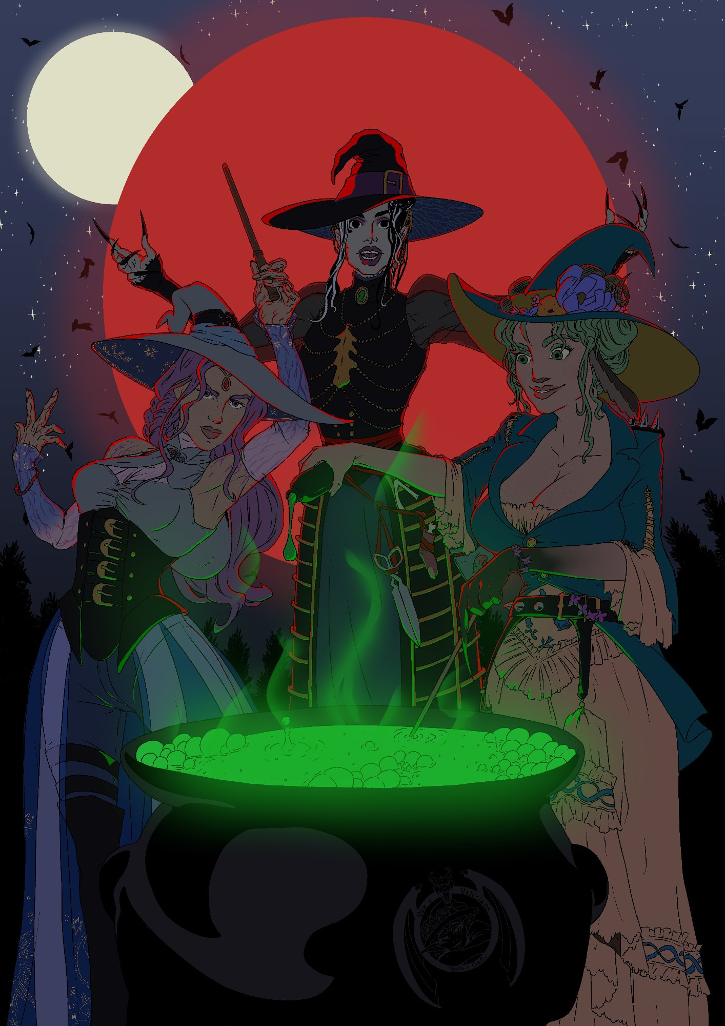 Imogen, Laudna and Fearne stand around a bubling cauldron, performing a ritual. The red moon Ruidus stands behind them, bathing them in its glow.