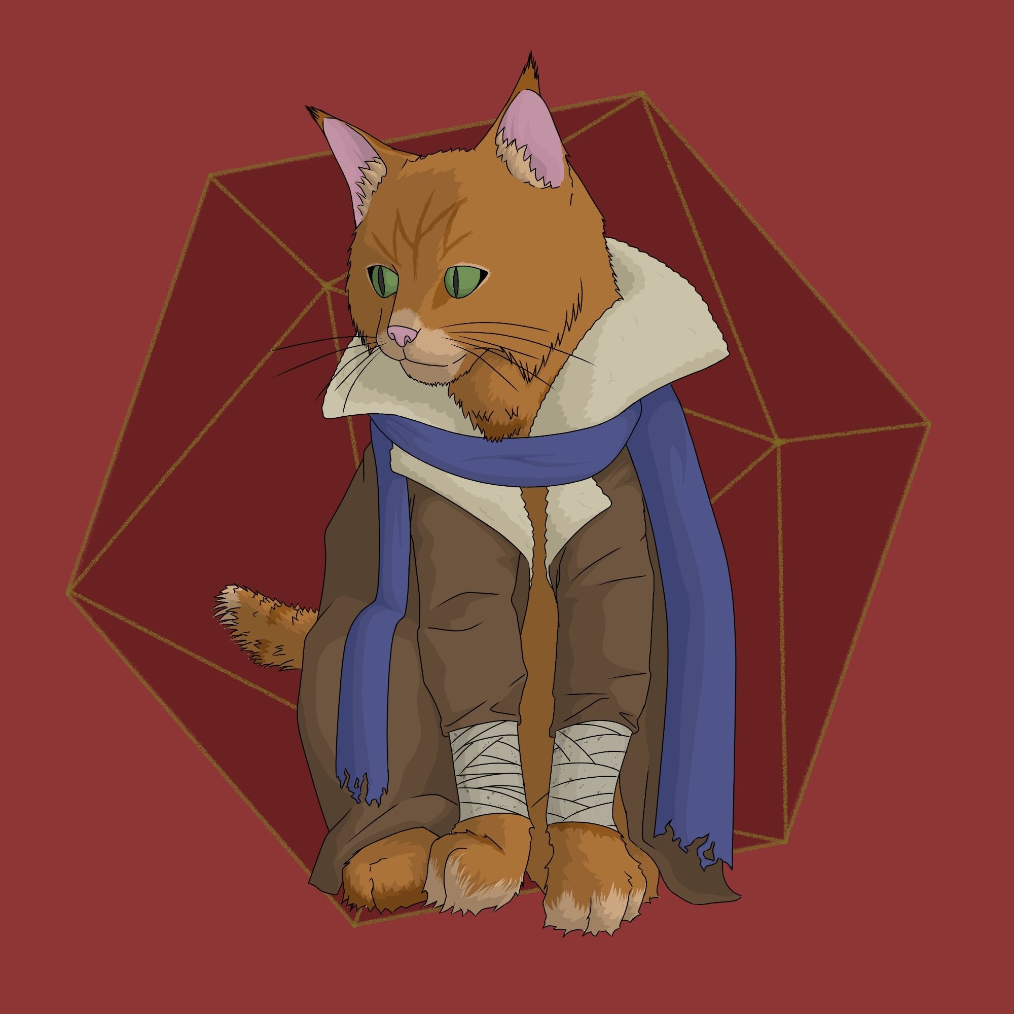 The image depicts an orange tabby cat dressed as Caleb Widogast from Critical Role