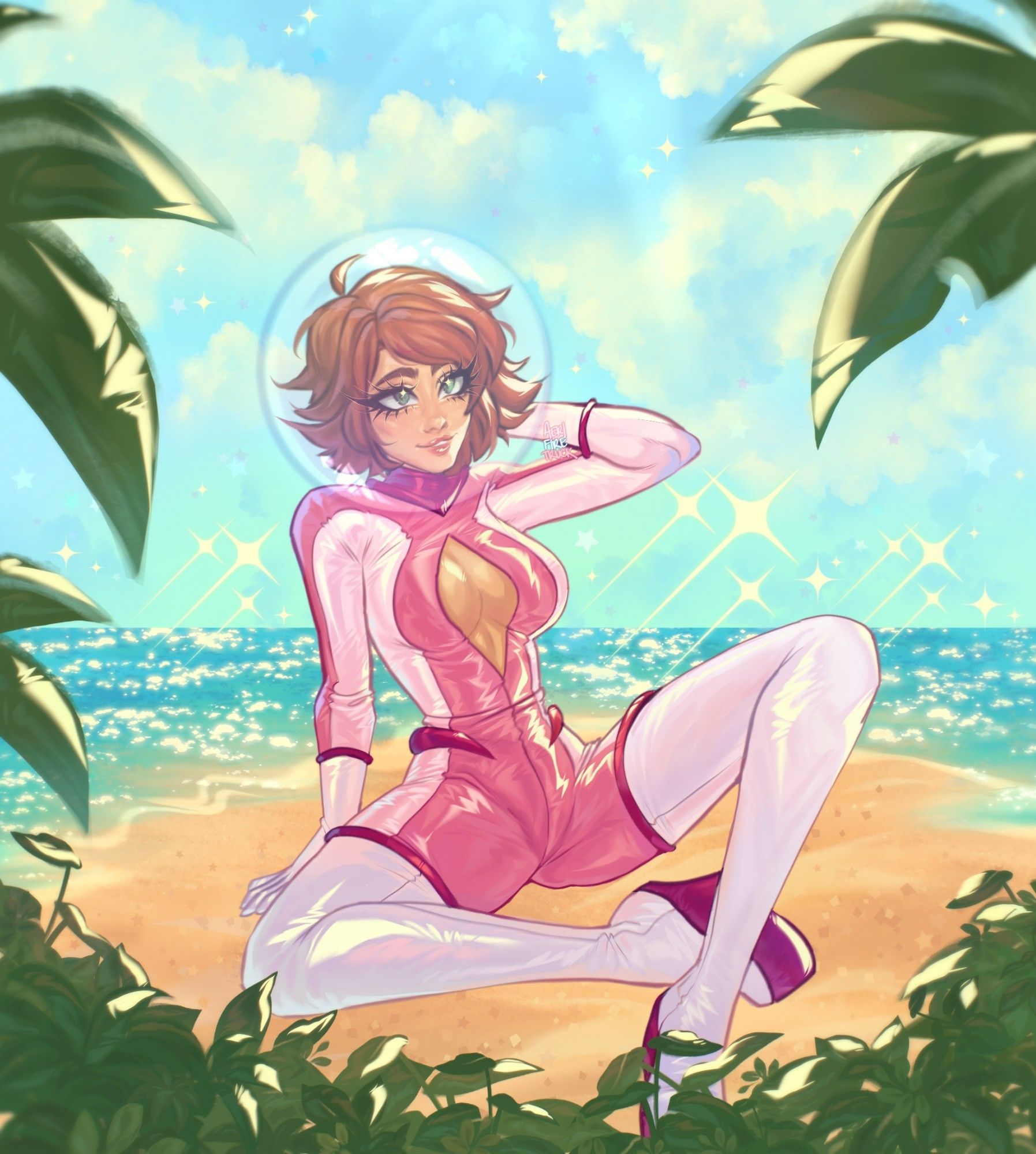 A woman in a pink space suit with a transparent helmet poses sitting on a beach shore with a bright blue sky and glittery ocean in the background